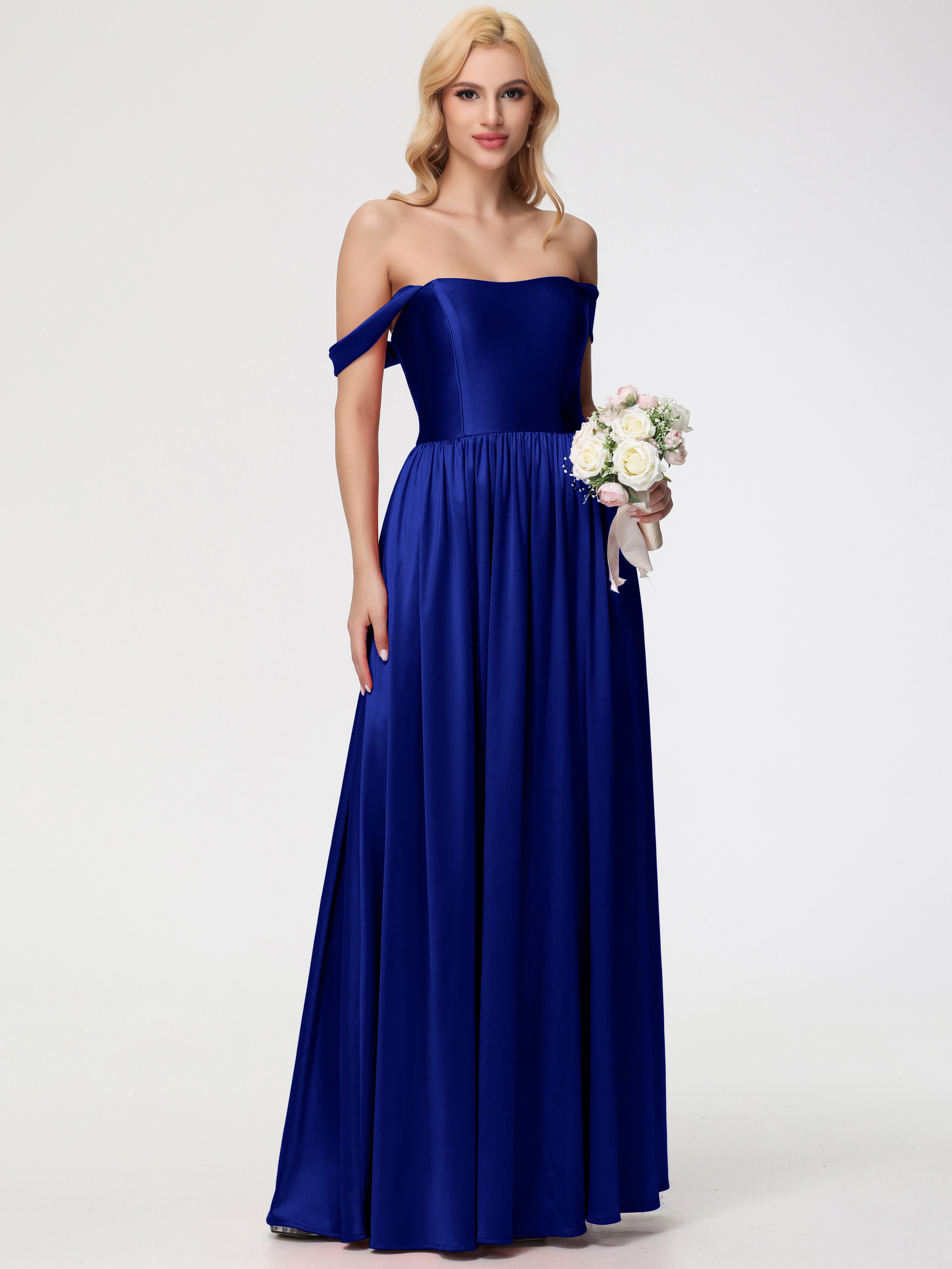 Robes De Demoiselle D'Honneur Bleu Royal Longues épaule Dénudée Satin Extensible Robe De Demoiselle D'Honneur Robe à Bretelles Amovibles