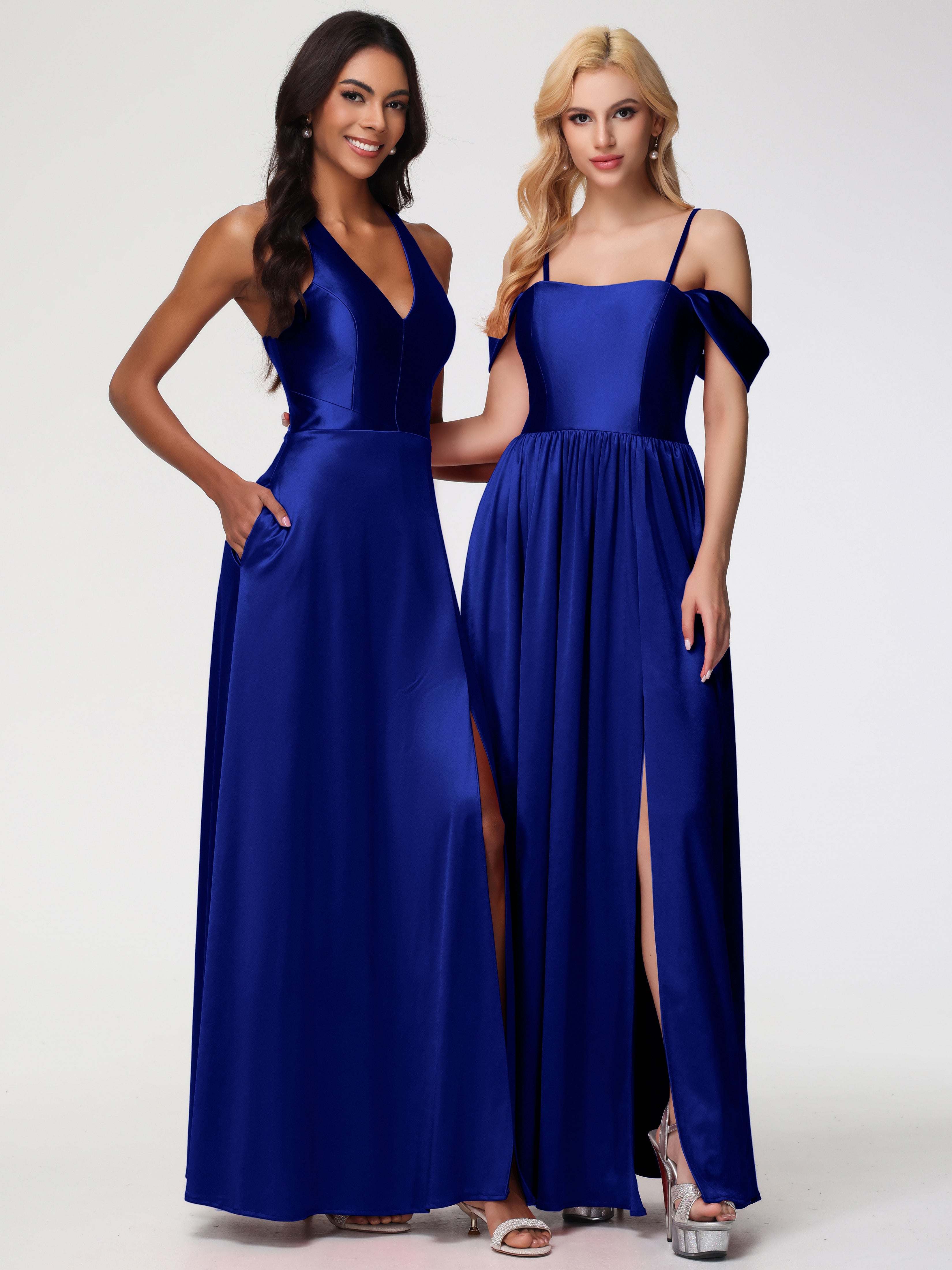 Robes De Demoiselle D'Honneur Bleu Royal Longues épaule Dénudée Satin Extensible Robe De Demoiselle D'Honneur Robe à Bretelles Amovibles