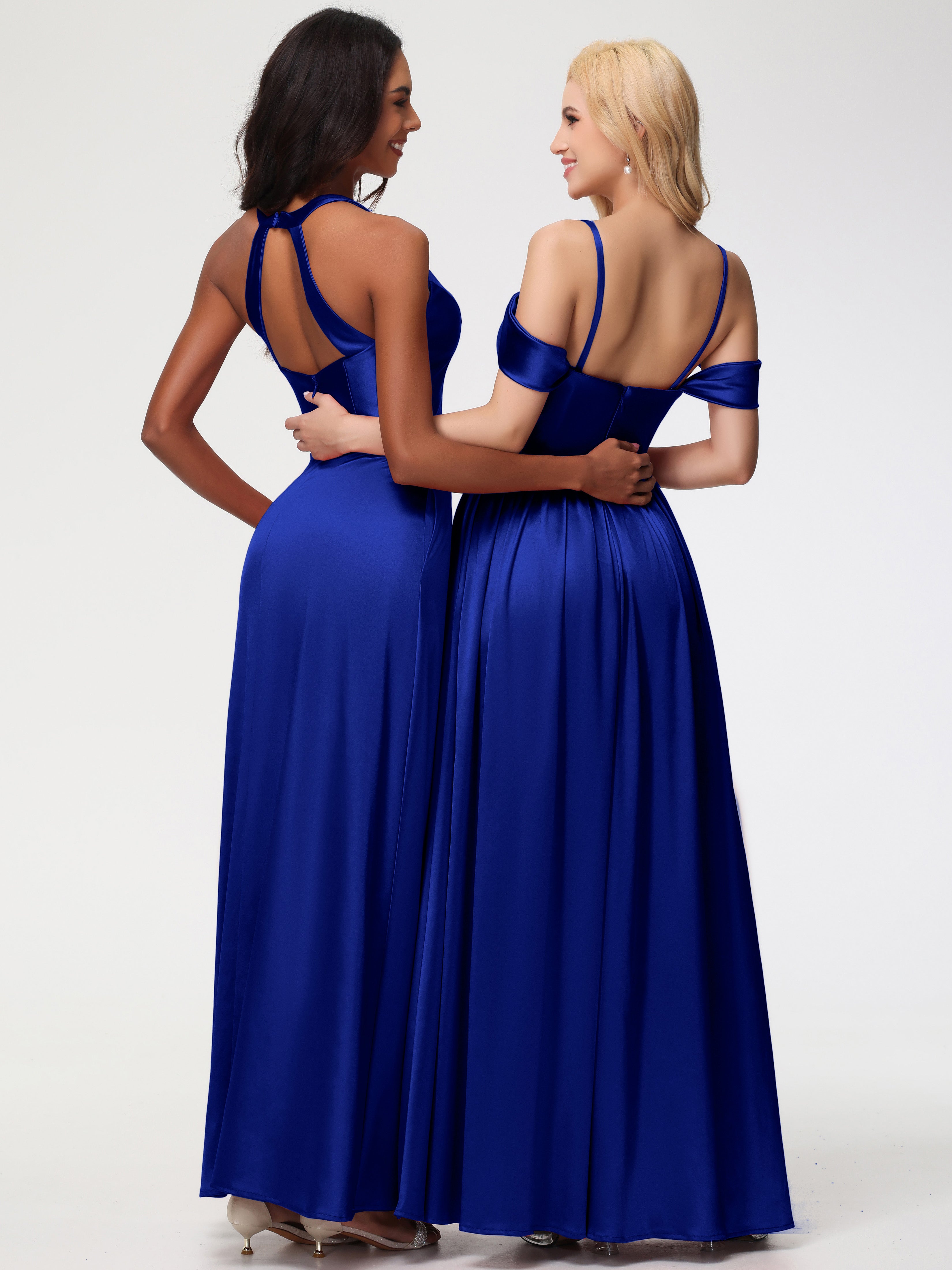 Robes De Demoiselle D'Honneur Bleu Royal Longues épaule Dénudée Satin Extensible Robe De Demoiselle D'Honneur Robe à Bretelles Amovibles