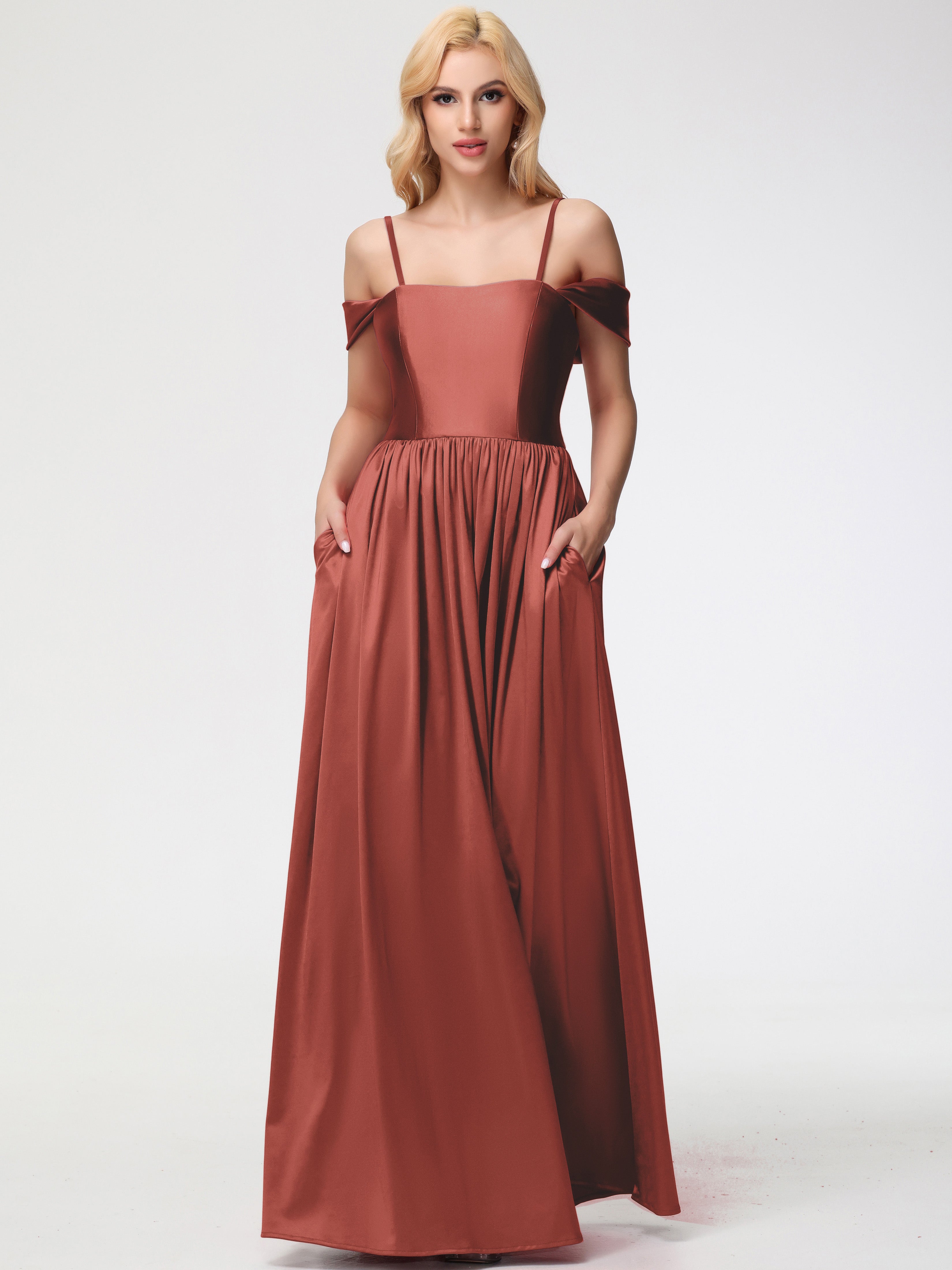 Robes De Demoiselle D'Honneur De Rouille épaule Dénudée Satin Extensible Robe De Demoiselle D'Honneur Robe à Bretelles Amovibles