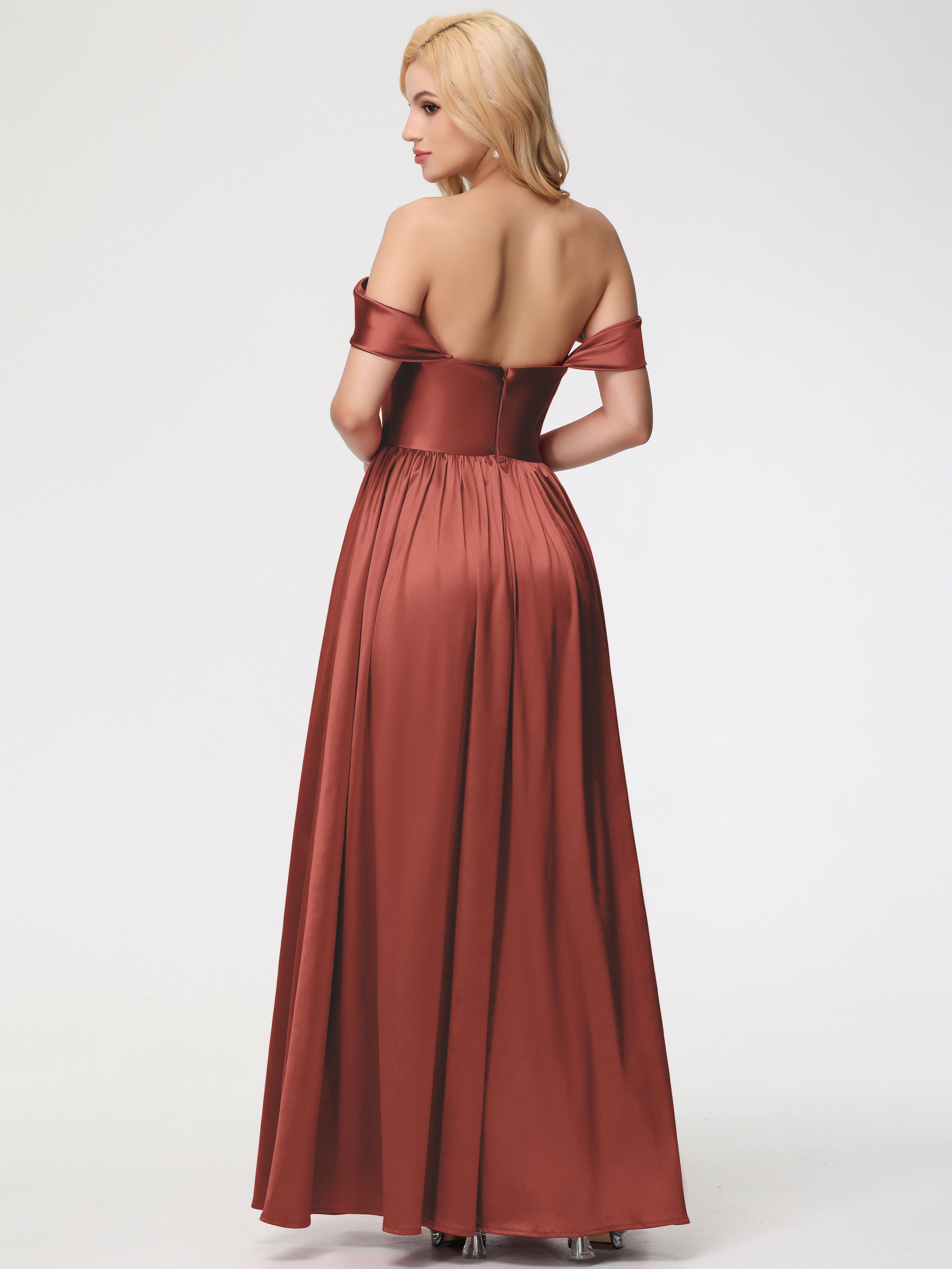 Robes De Demoiselle D'Honneur De Rouille épaule Dénudée Satin Extensible Robe De Demoiselle D'Honneur Robe à Bretelles Amovibles