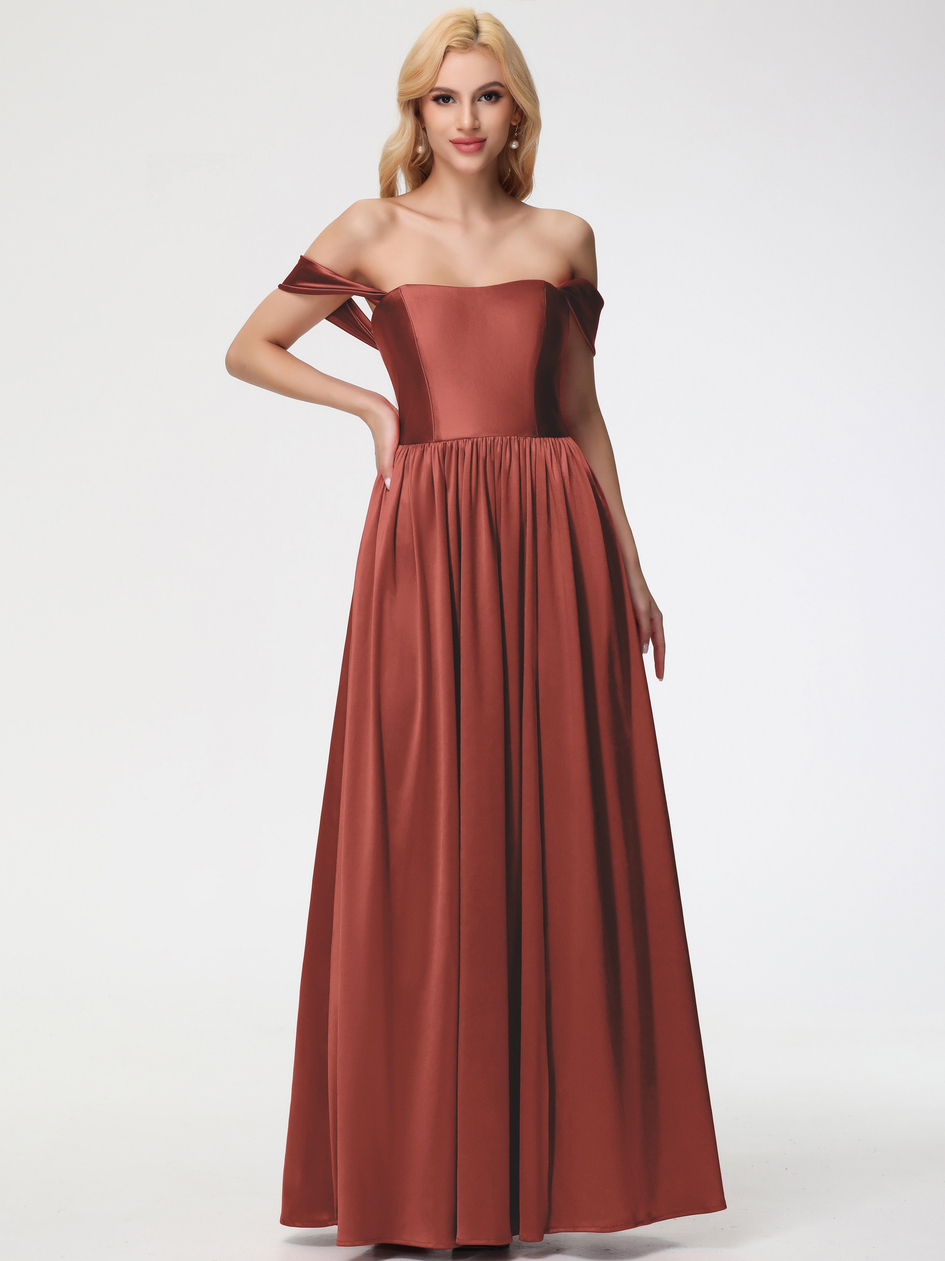 Robes De Demoiselle D'Honneur De Rouille épaule Dénudée Satin Extensible Robe De Demoiselle D'Honneur Robe à Bretelles Amovibles