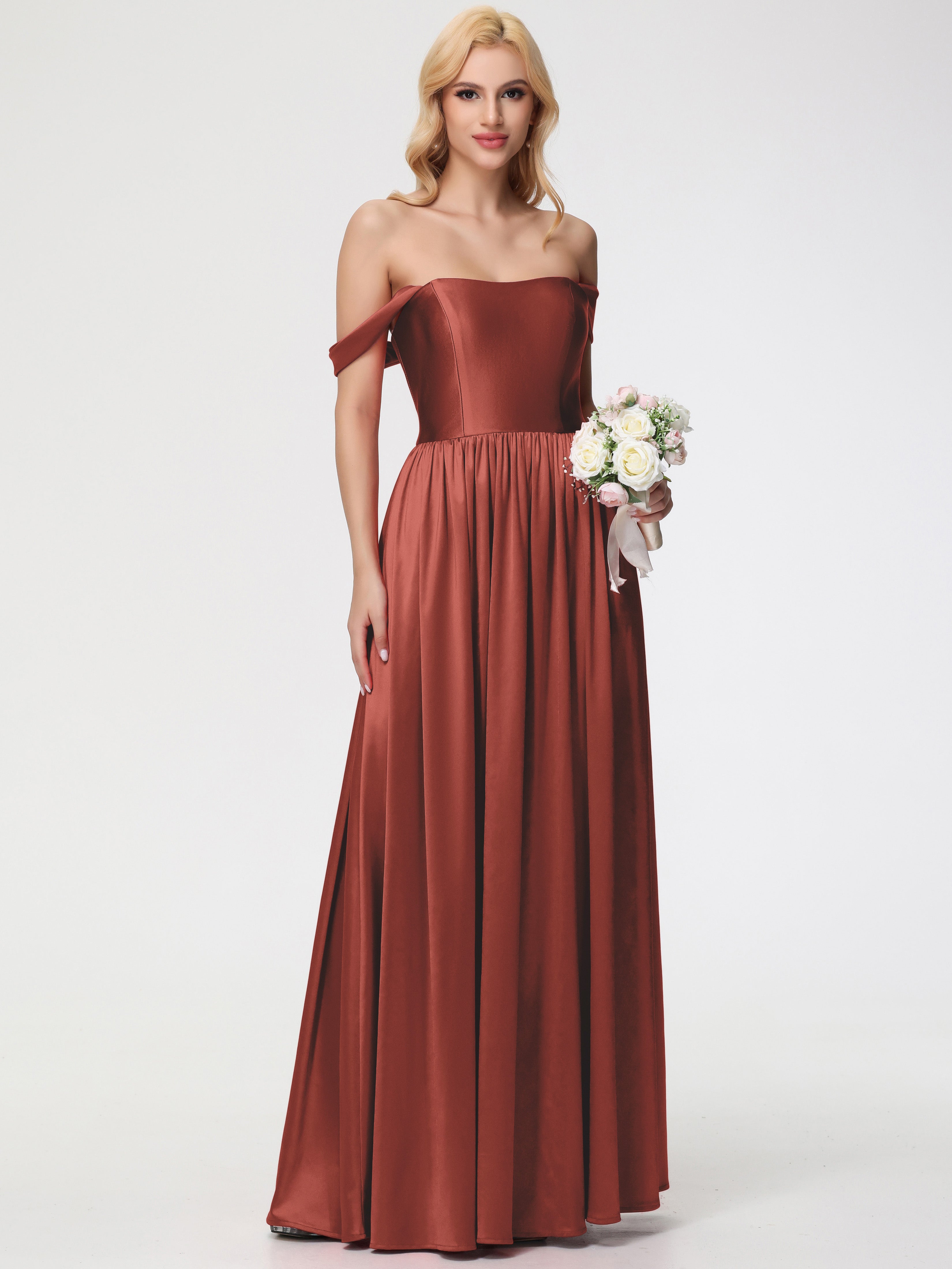 Robes De Demoiselle D'Honneur De Rouille épaule Dénudée Satin Extensible Robe De Demoiselle D'Honneur Robe à Bretelles Amovibles