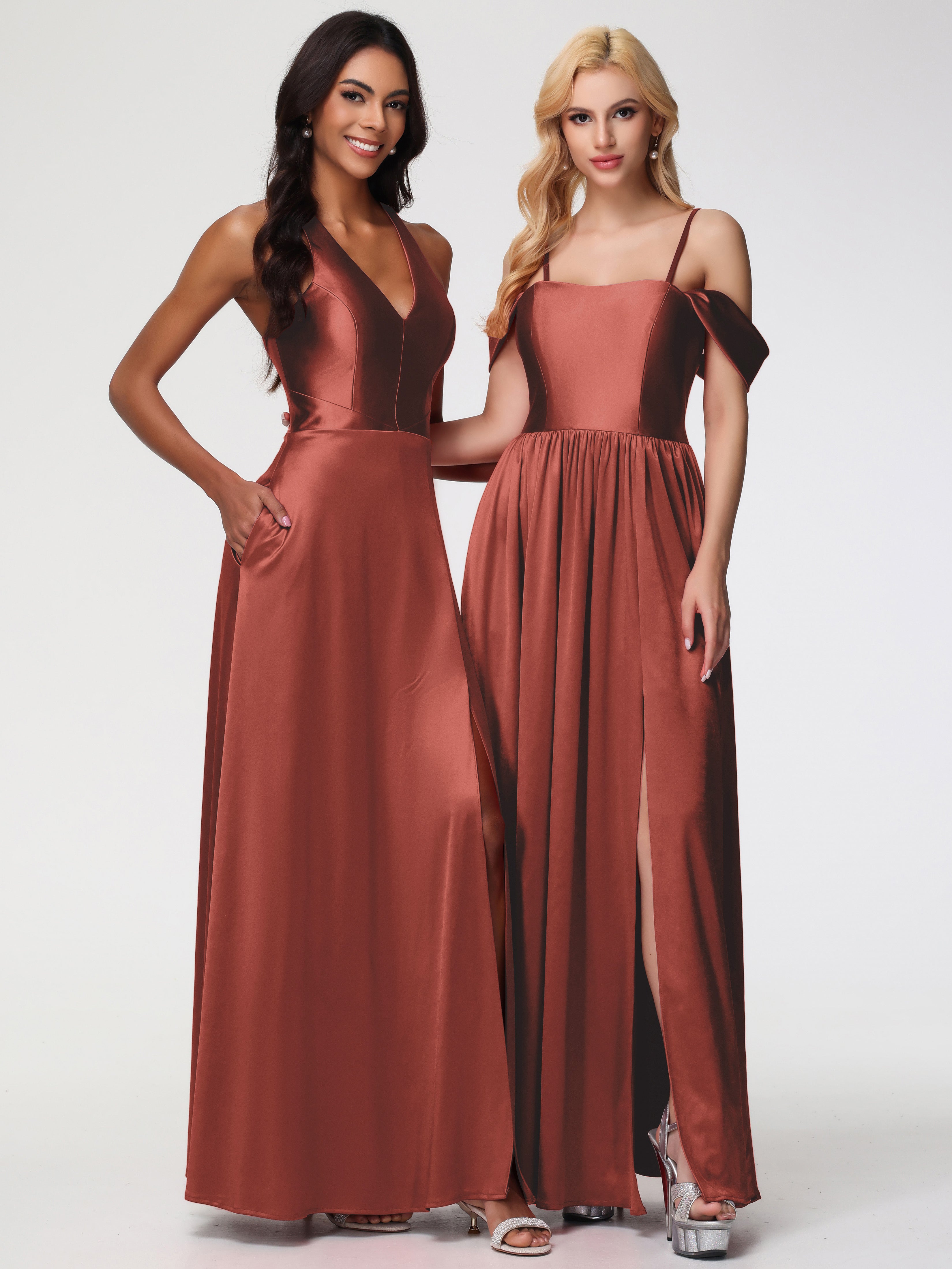 Robes De Demoiselle D'Honneur De Rouille épaule Dénudée Satin Extensible Robe De Demoiselle D'Honneur Robe à Bretelles Amovibles