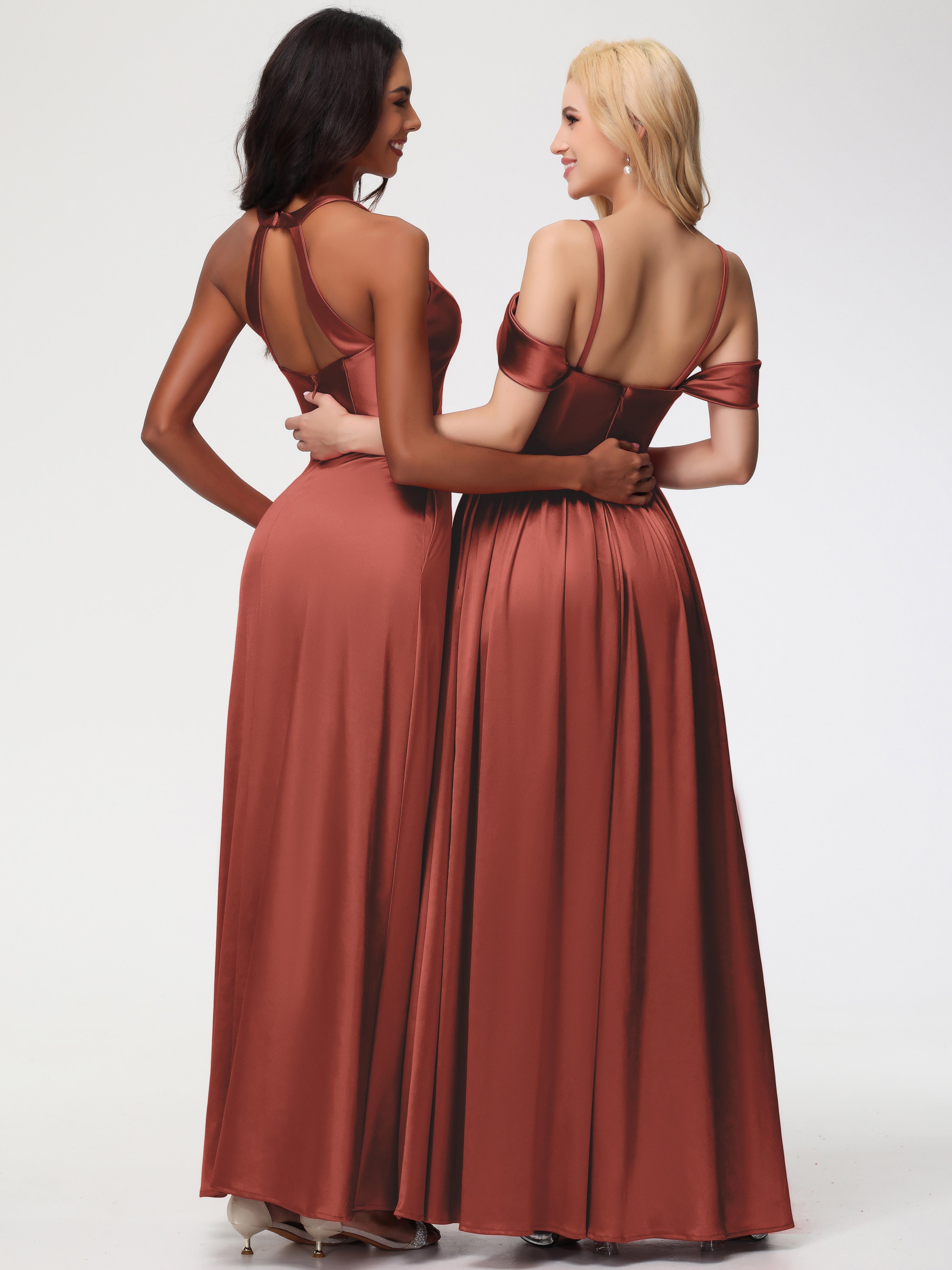 Robes De Demoiselle D'Honneur De Rouille épaule Dénudée Satin Extensible Robe De Demoiselle D'Honneur Robe à Bretelles Amovibles