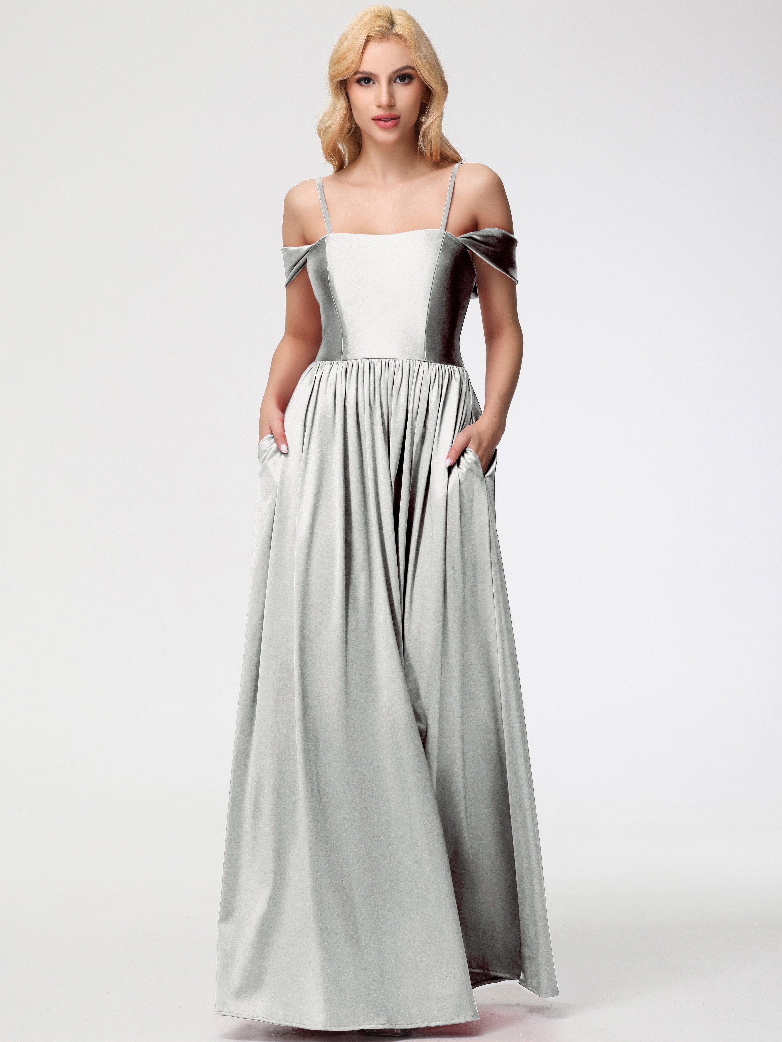 Robes De Demoiselle D'Honneur En Argent épaule Dénudée Satin Extensible Robe De Demoiselle D'Honneur Robe à Bretelles Amovibles