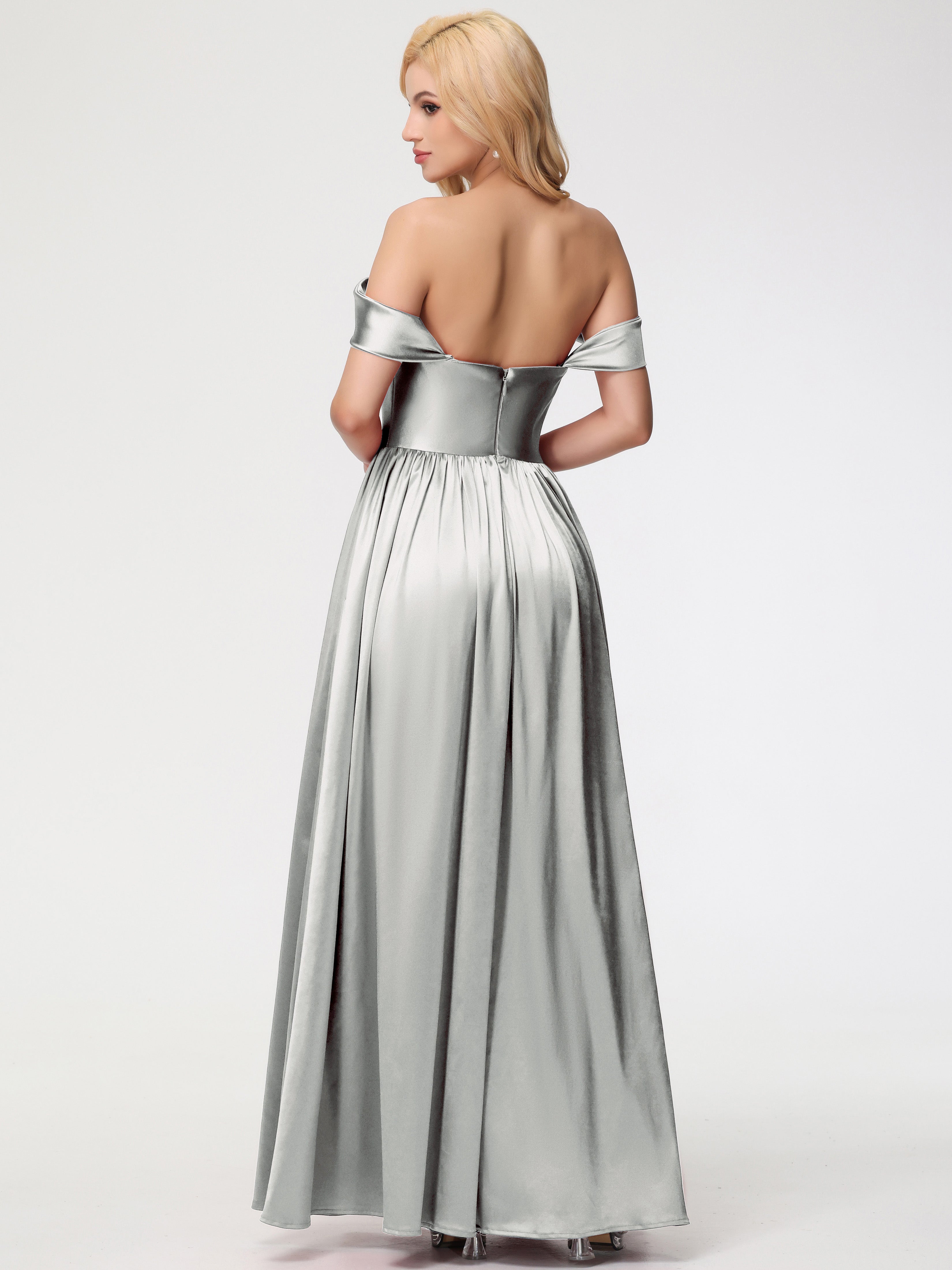 Robes De Demoiselle D'Honneur En Argent épaule Dénudée Satin Extensible Robe De Demoiselle D'Honneur Robe à Bretelles Amovibles