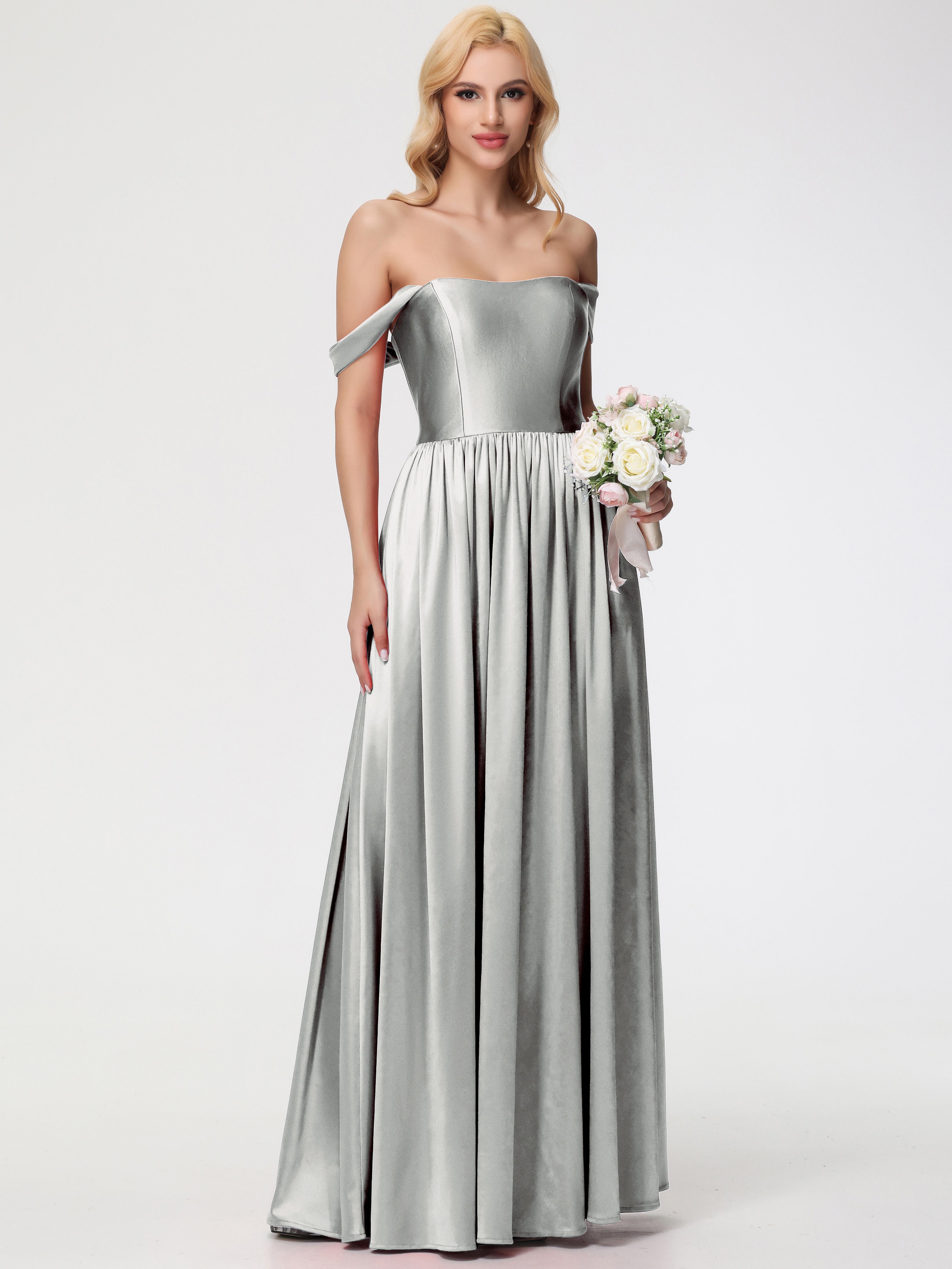Robes De Demoiselle D'Honneur En Argent épaule Dénudée Satin Extensible Robe De Demoiselle D'Honneur Robe à Bretelles Amovibles