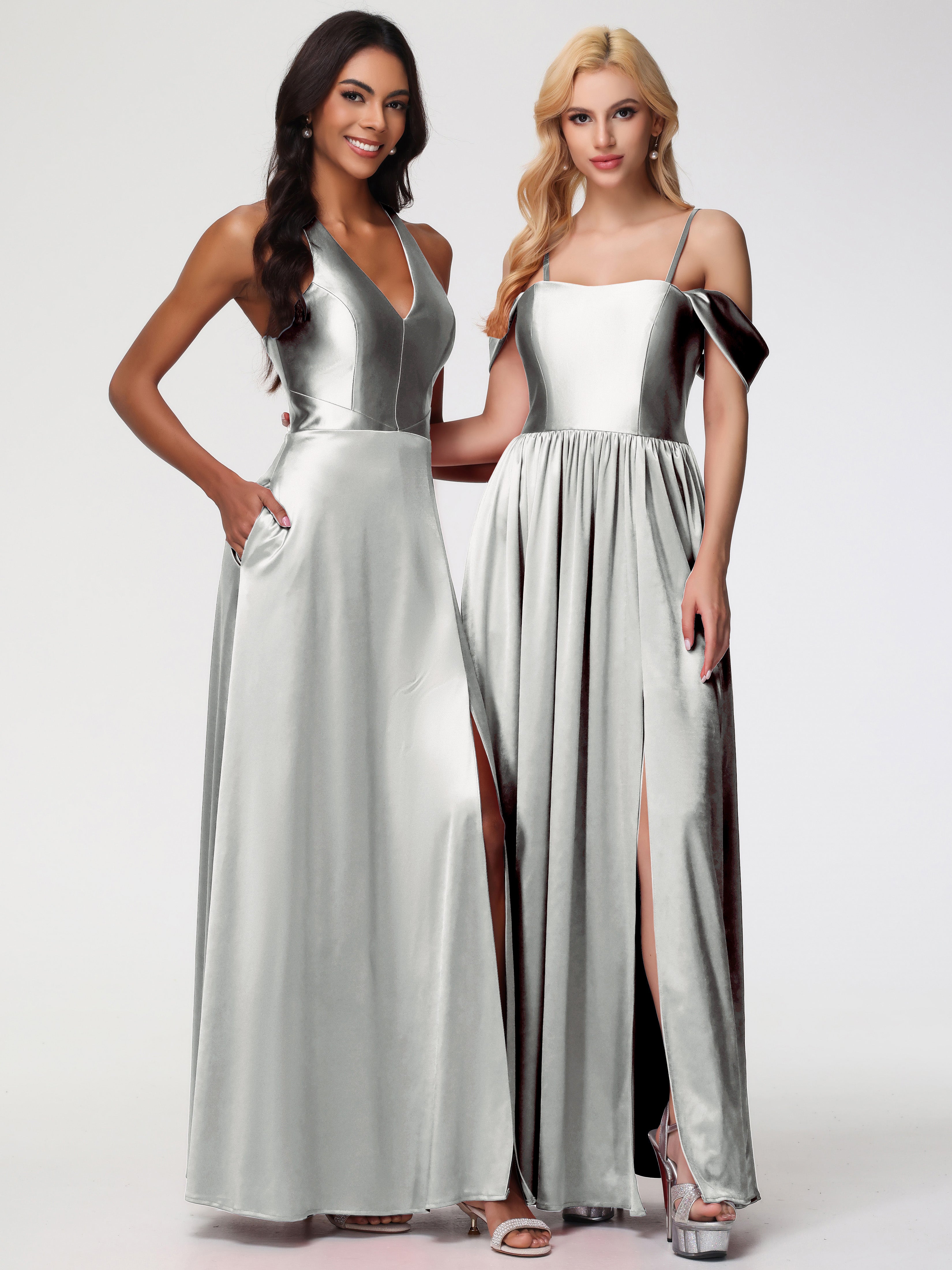 Robes De Demoiselle D'Honneur En Argent épaule Dénudée Satin Extensible Robe De Demoiselle D'Honneur Robe à Bretelles Amovibles