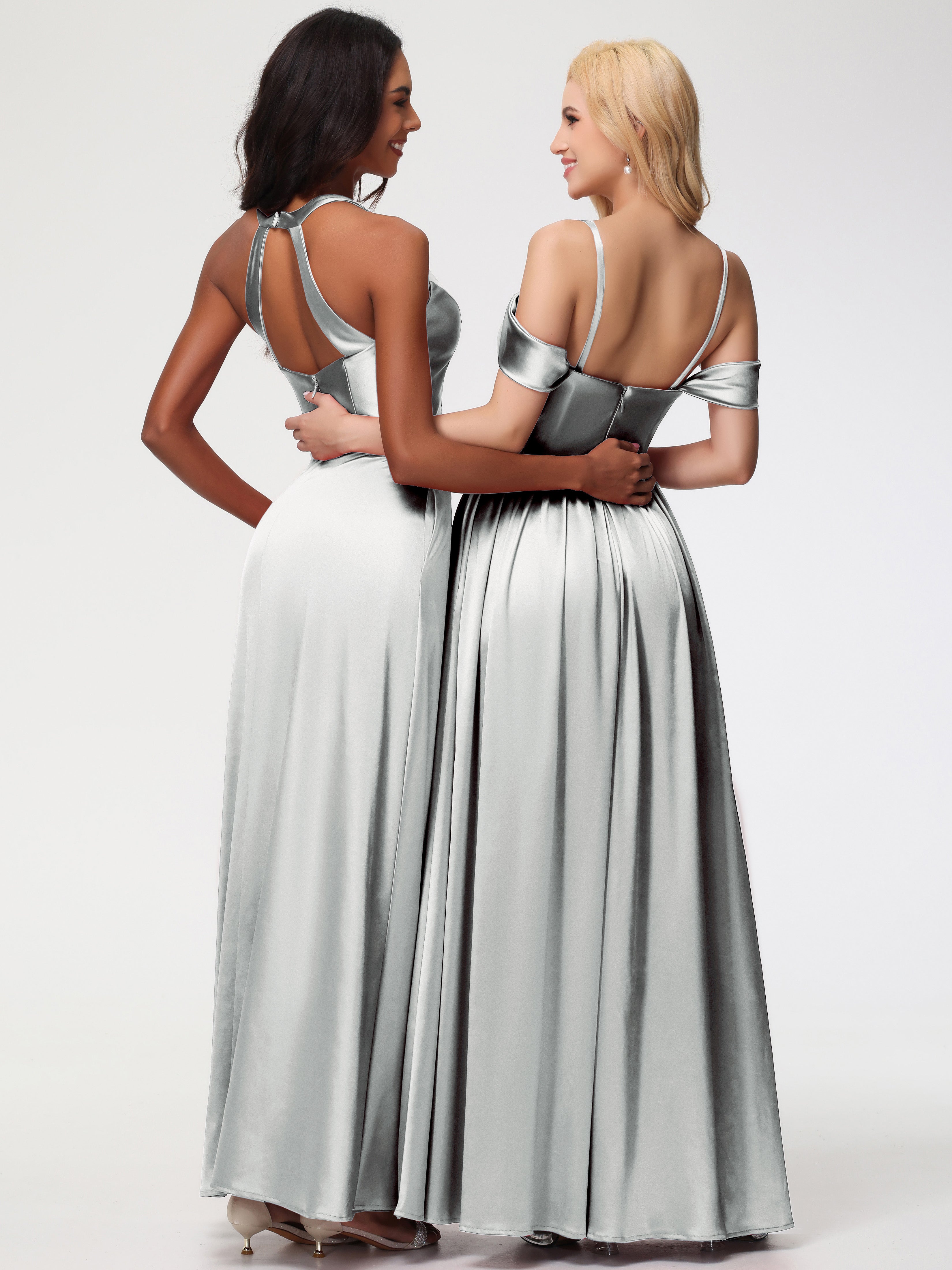 Robes De Demoiselle D'Honneur En Argent épaule Dénudée Satin Extensible Robe De Demoiselle D'Honneur Robe à Bretelles Amovibles