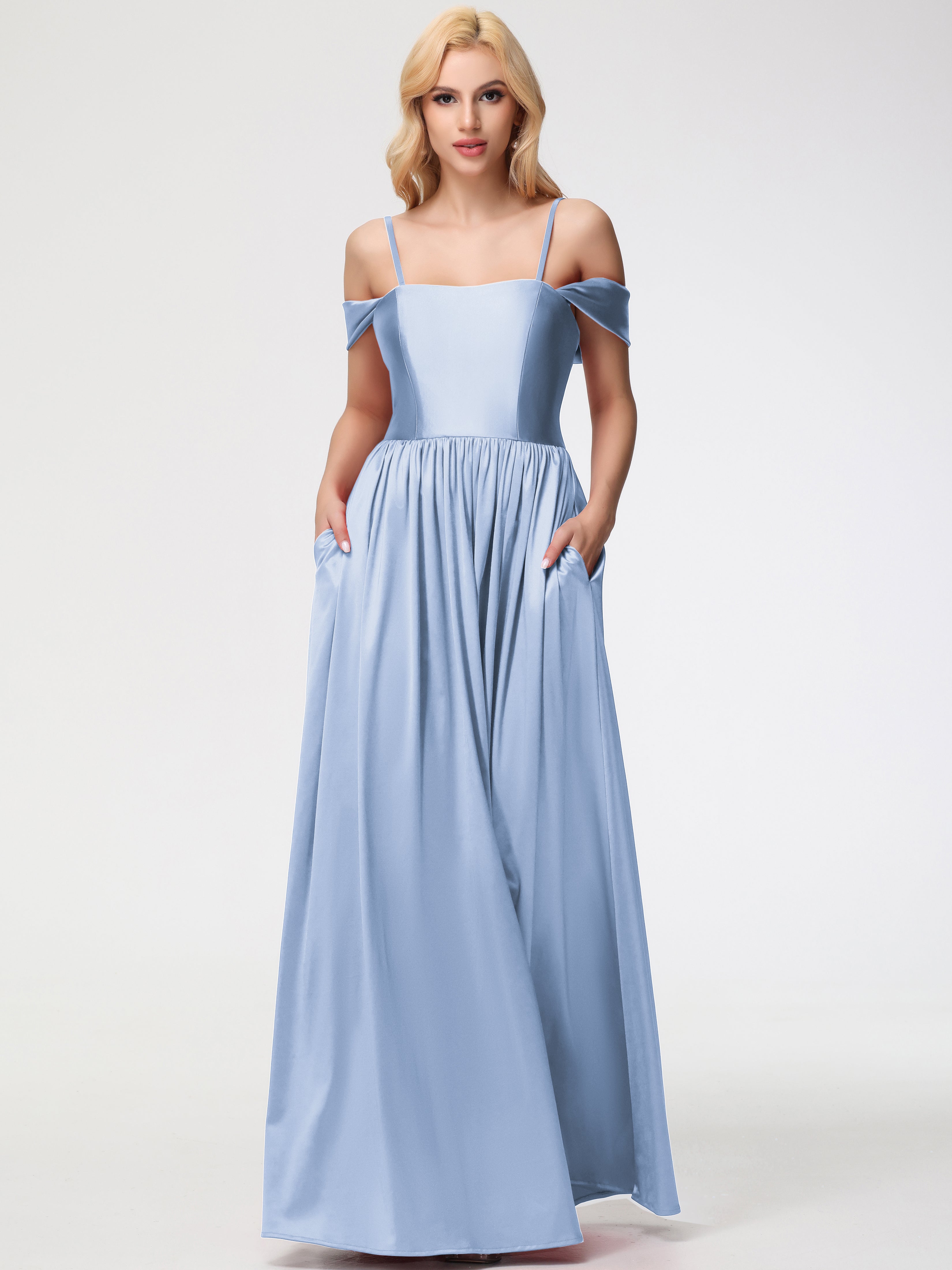 Robes De Demoiselle D'Honneur Bleu Ciel épaule Dénudée Satin Extensible Robe De Demoiselle D'Honneur Robe à Bretelles Amovibles