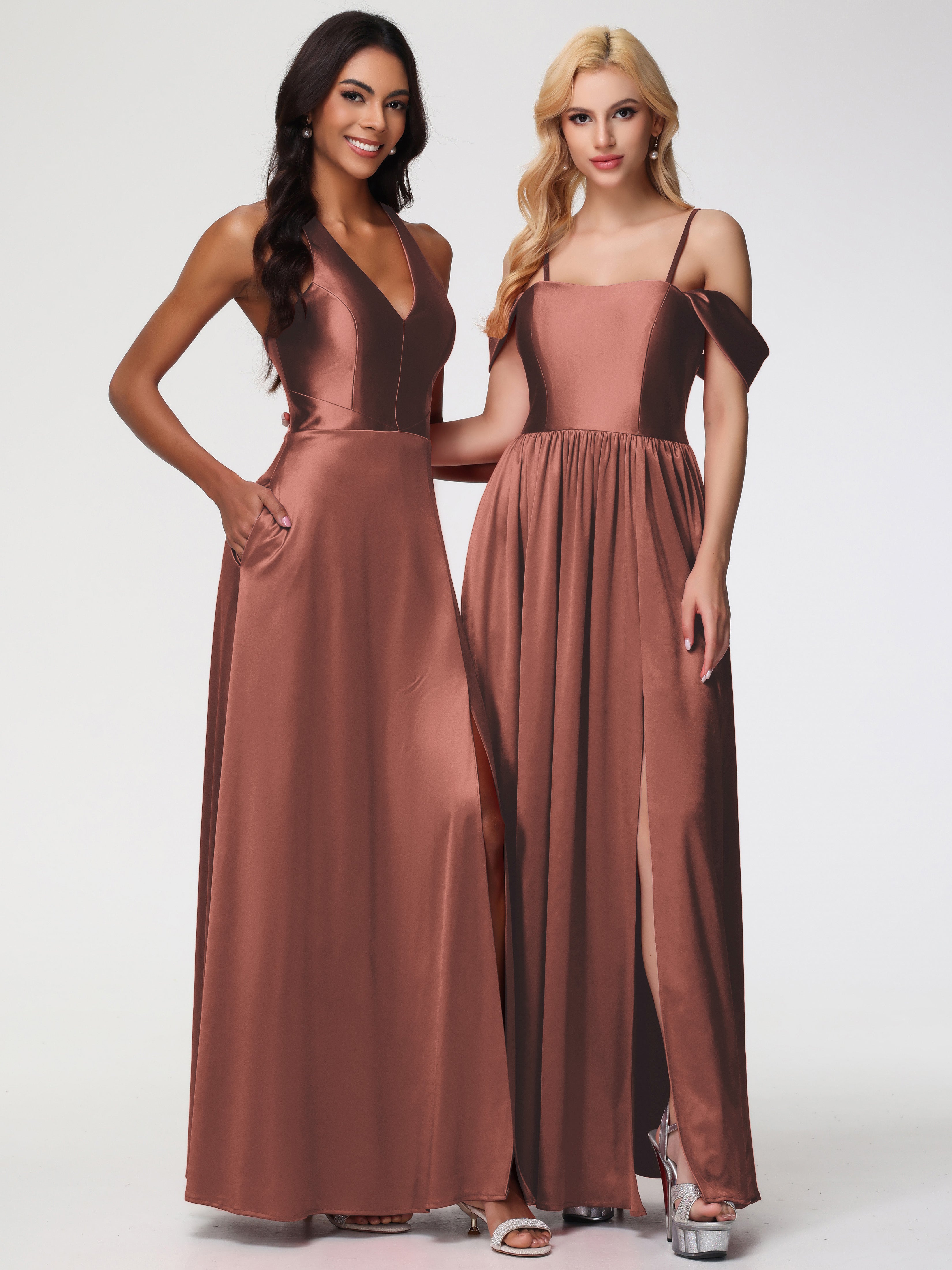 Robes De Demoiselle D'Honneur En Terre Cuite épaule Dénudée Satin Extensible Robe De Demoiselle D'Honneur Robe à Bretelles Amovibles