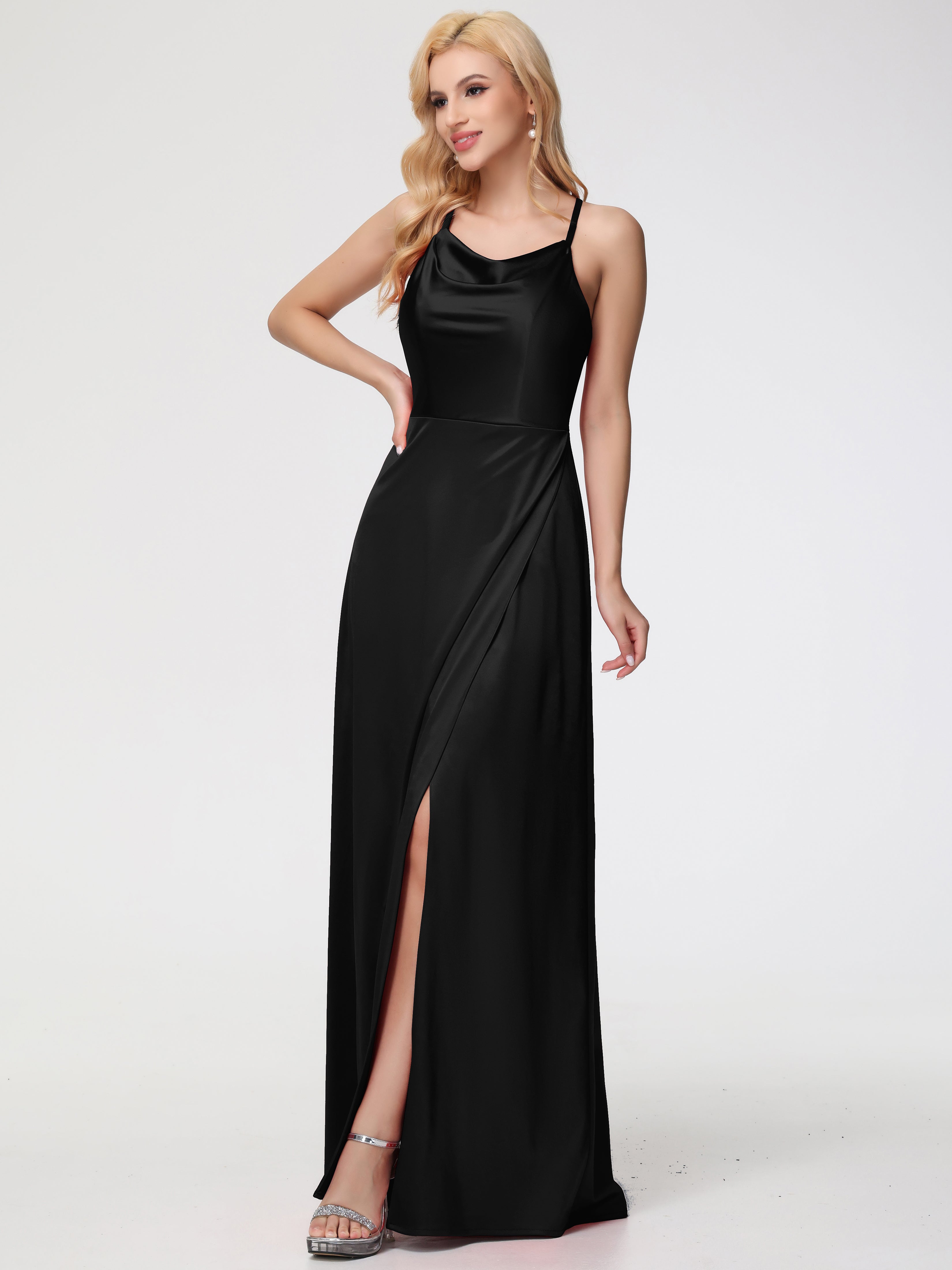 Robes De Demoiselle D'Honneur Noires Trapèze Col Bénitier Fendue Longueur Ras Du Sol Satin Extensible Robe De Demoiselle D'Honneur