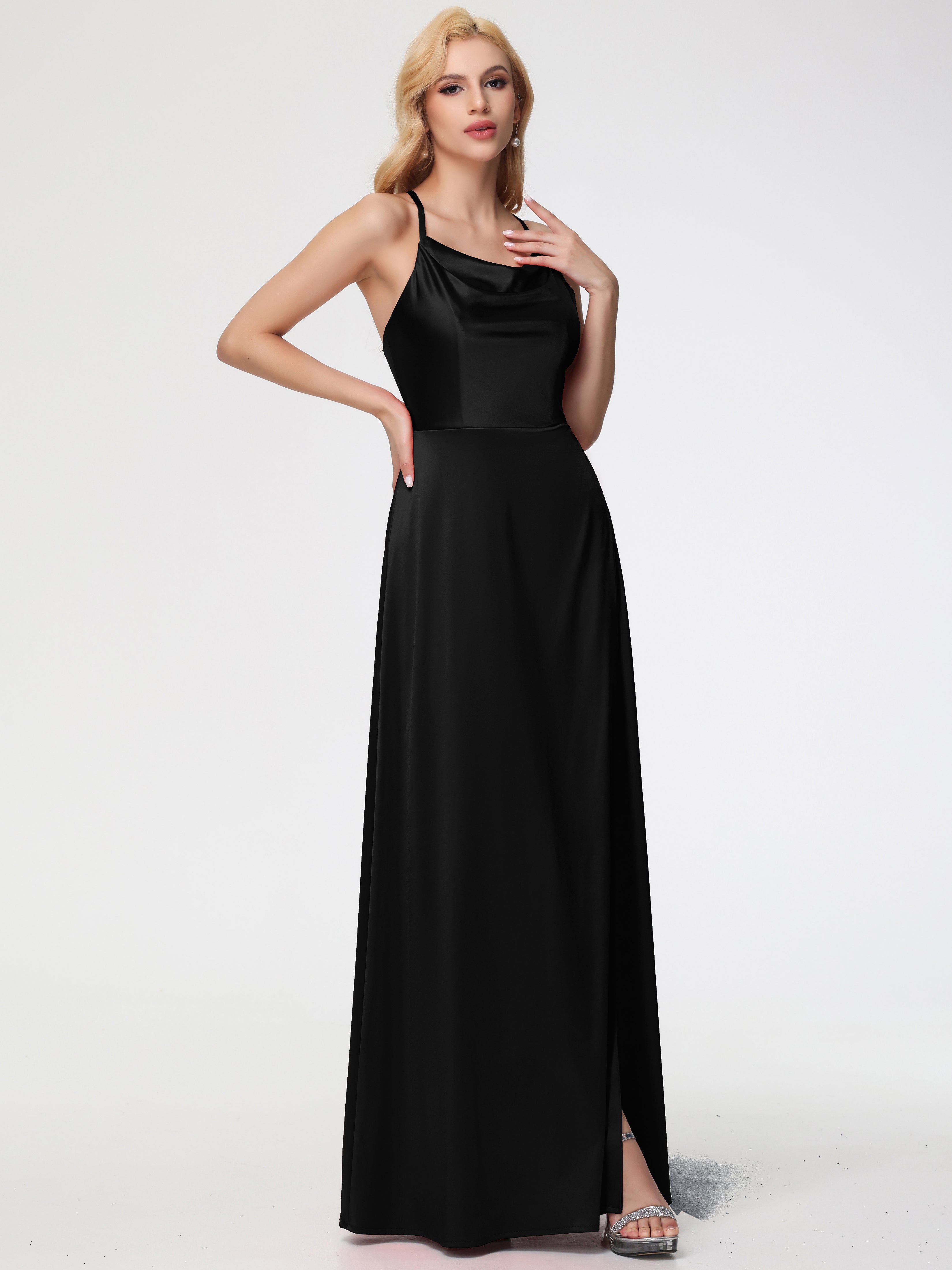 Robes De Demoiselle D'Honneur Noires Trapèze Col Bénitier Fendue Longueur Ras Du Sol Satin Extensible Robe De Demoiselle D'Honneur