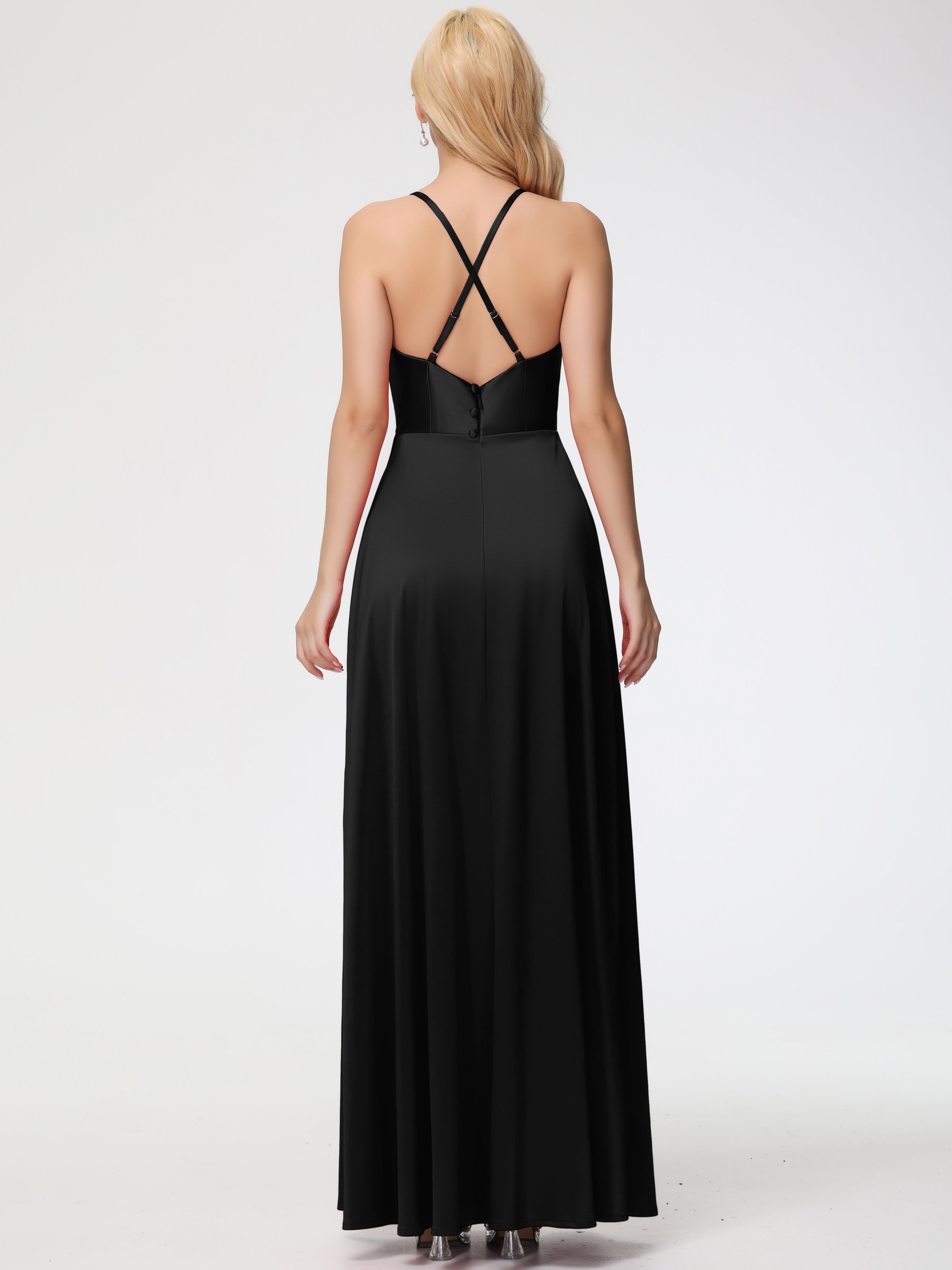 Robes De Demoiselle D'Honneur Noires Trapèze Col Bénitier Fendue Longueur Ras Du Sol Satin Extensible Robe De Demoiselle D'Honneur