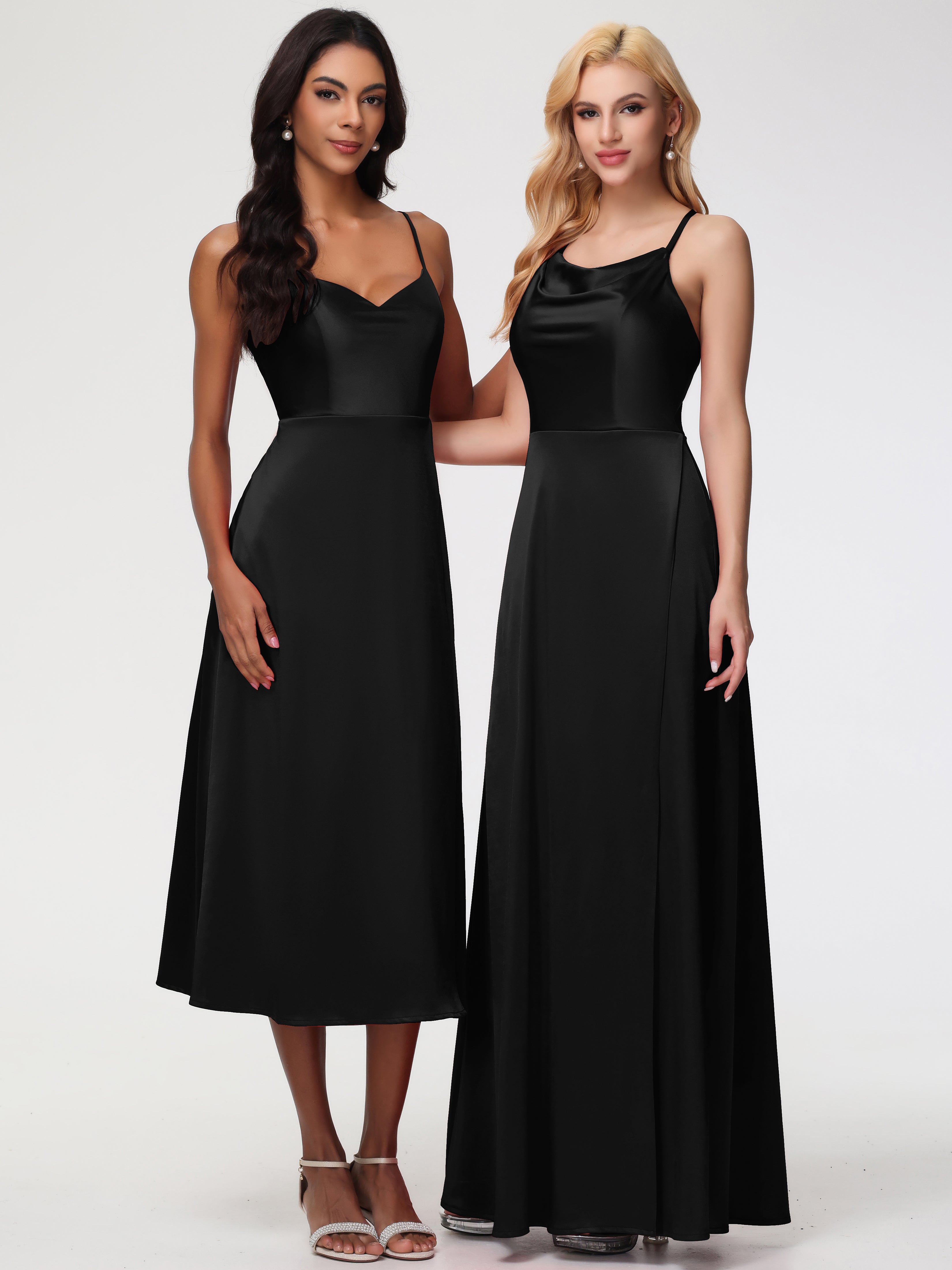 Robes De Demoiselle D'Honneur Noires Trapèze Col Bénitier Fendue Longueur Ras Du Sol Satin Extensible Robe De Demoiselle D'Honneur