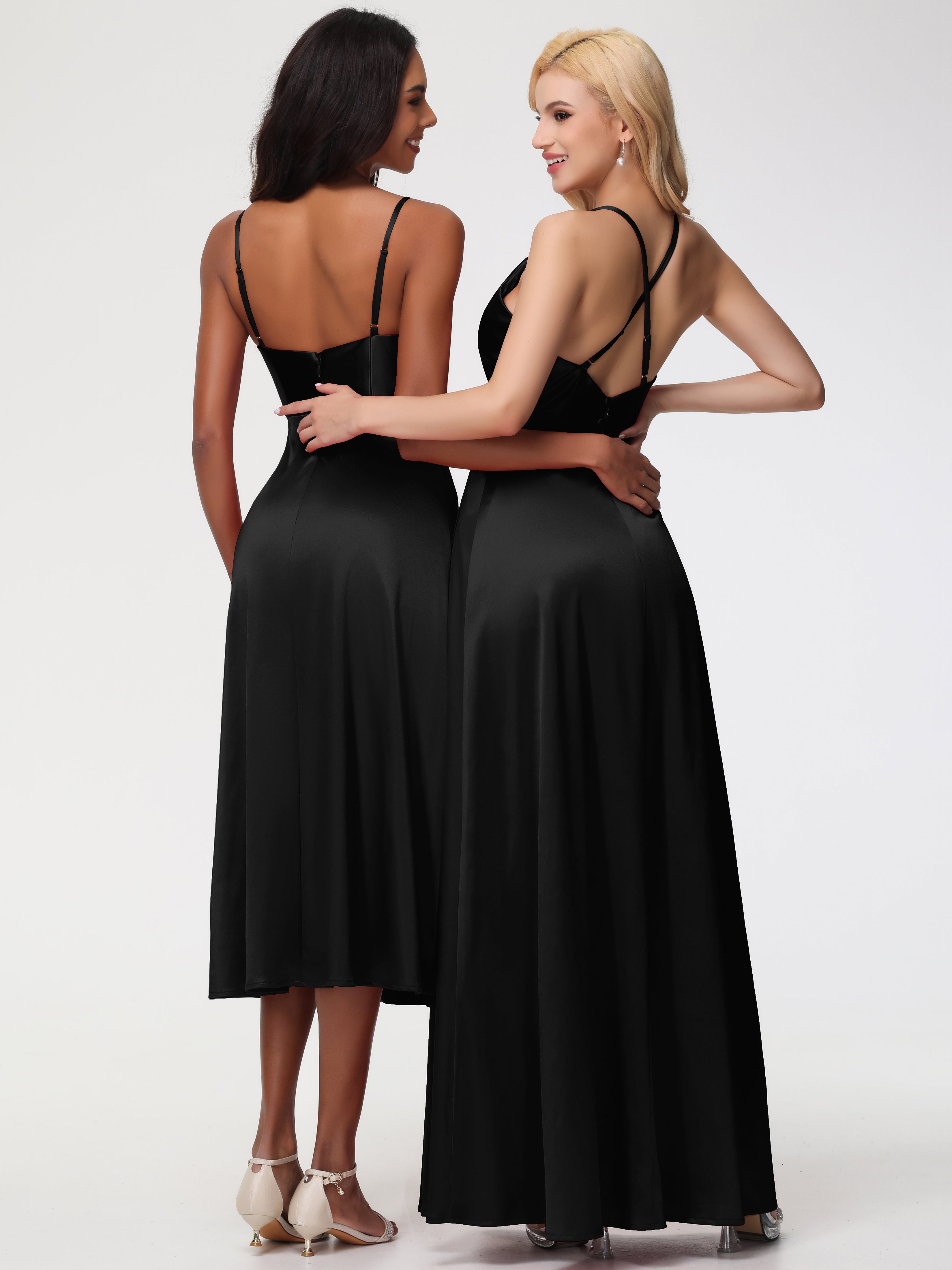 Robes De Demoiselle D'Honneur Noires Trapèze Col Bénitier Fendue Longueur Ras Du Sol Satin Extensible Robe De Demoiselle D'Honneur