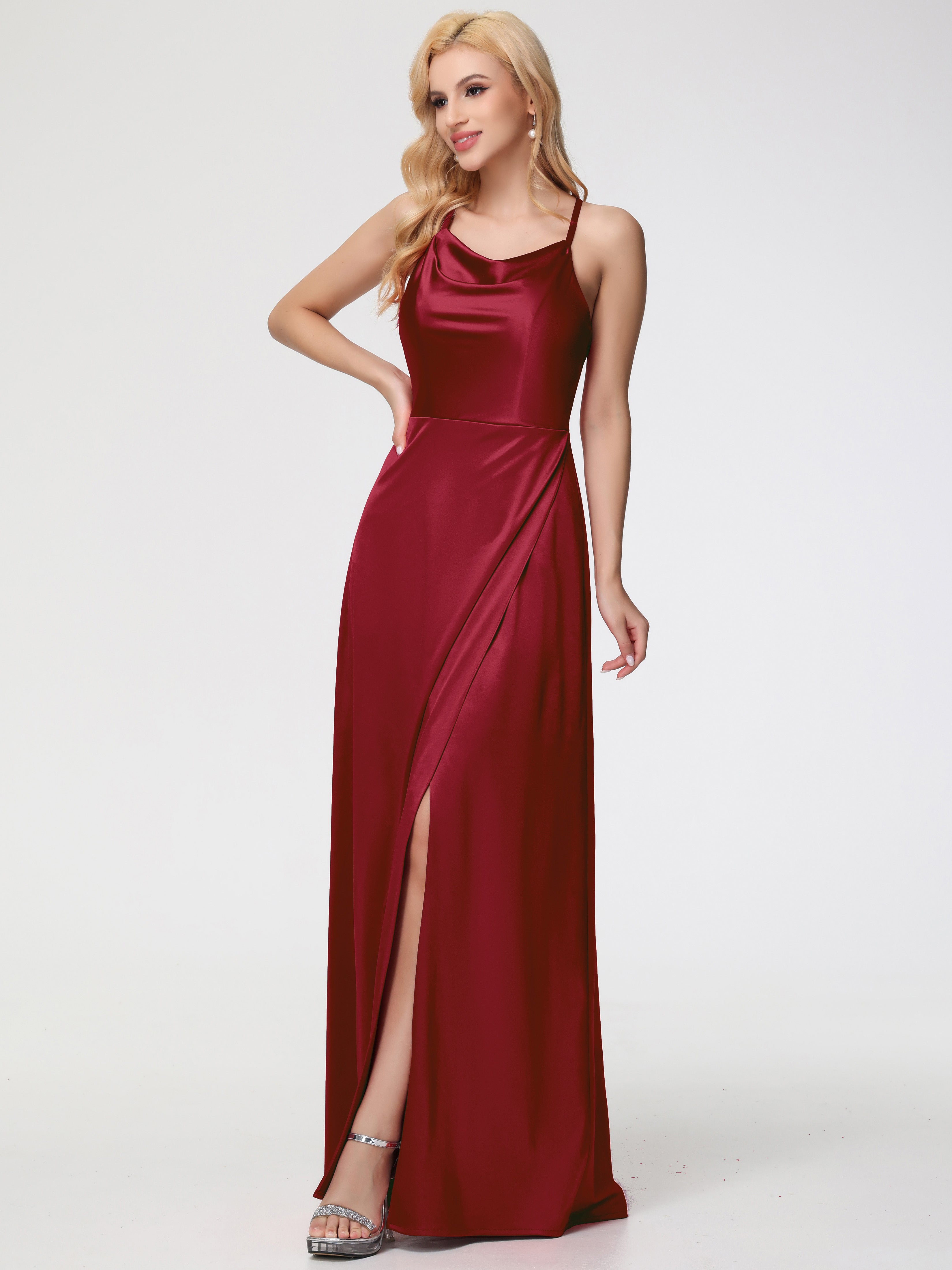 Robes De Demoiselle D'Honneur Bordeaux Pas Cher Trapèze Col Bénitier Fendue Longueur Ras Du Sol Satin Extensible Robe De Demoiselle D'Honneur