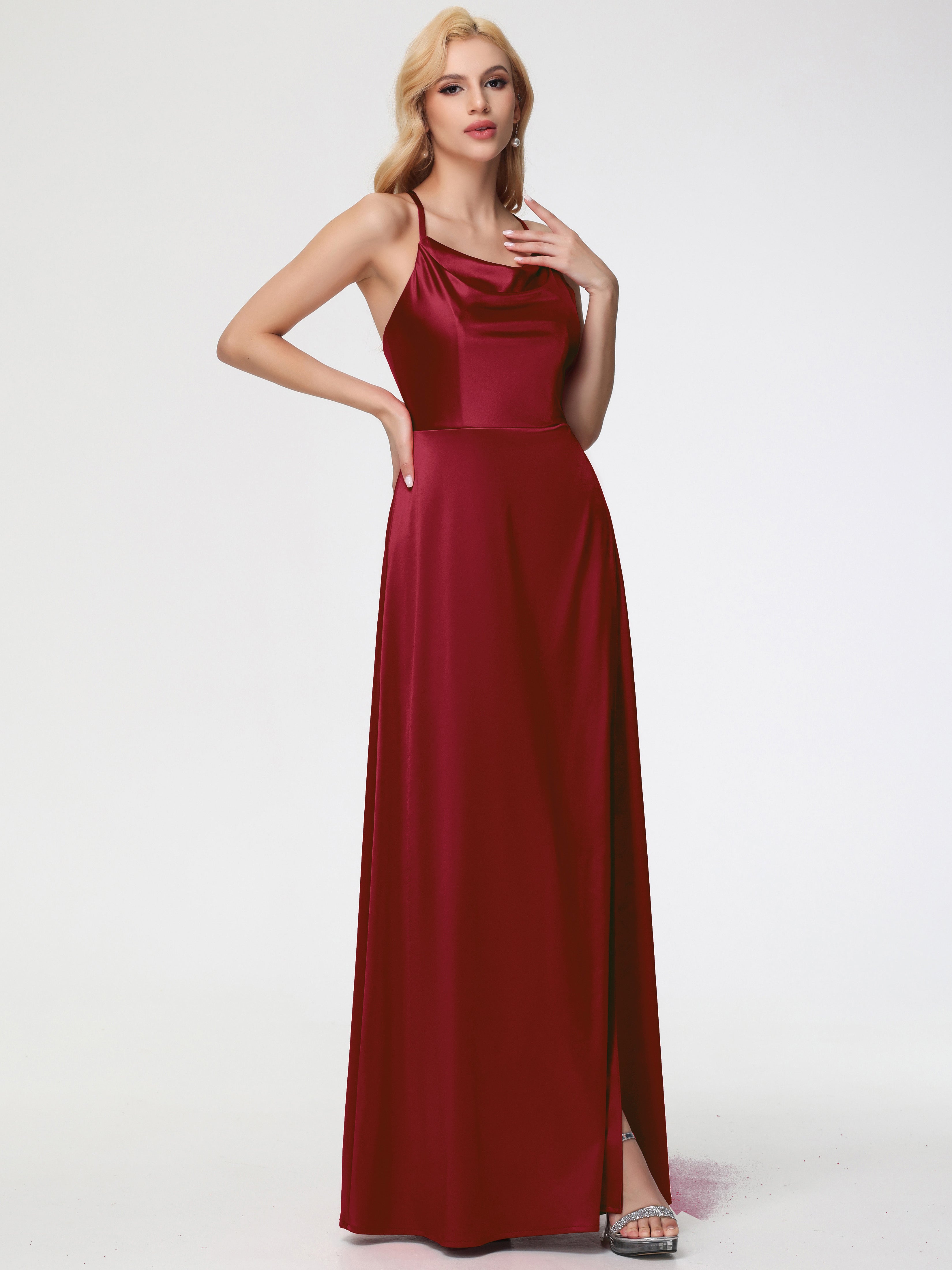 Robes De Demoiselle D'Honneur Bordeaux Pas Cher Trapèze Col Bénitier Fendue Longueur Ras Du Sol Satin Extensible Robe De Demoiselle D'Honneur
