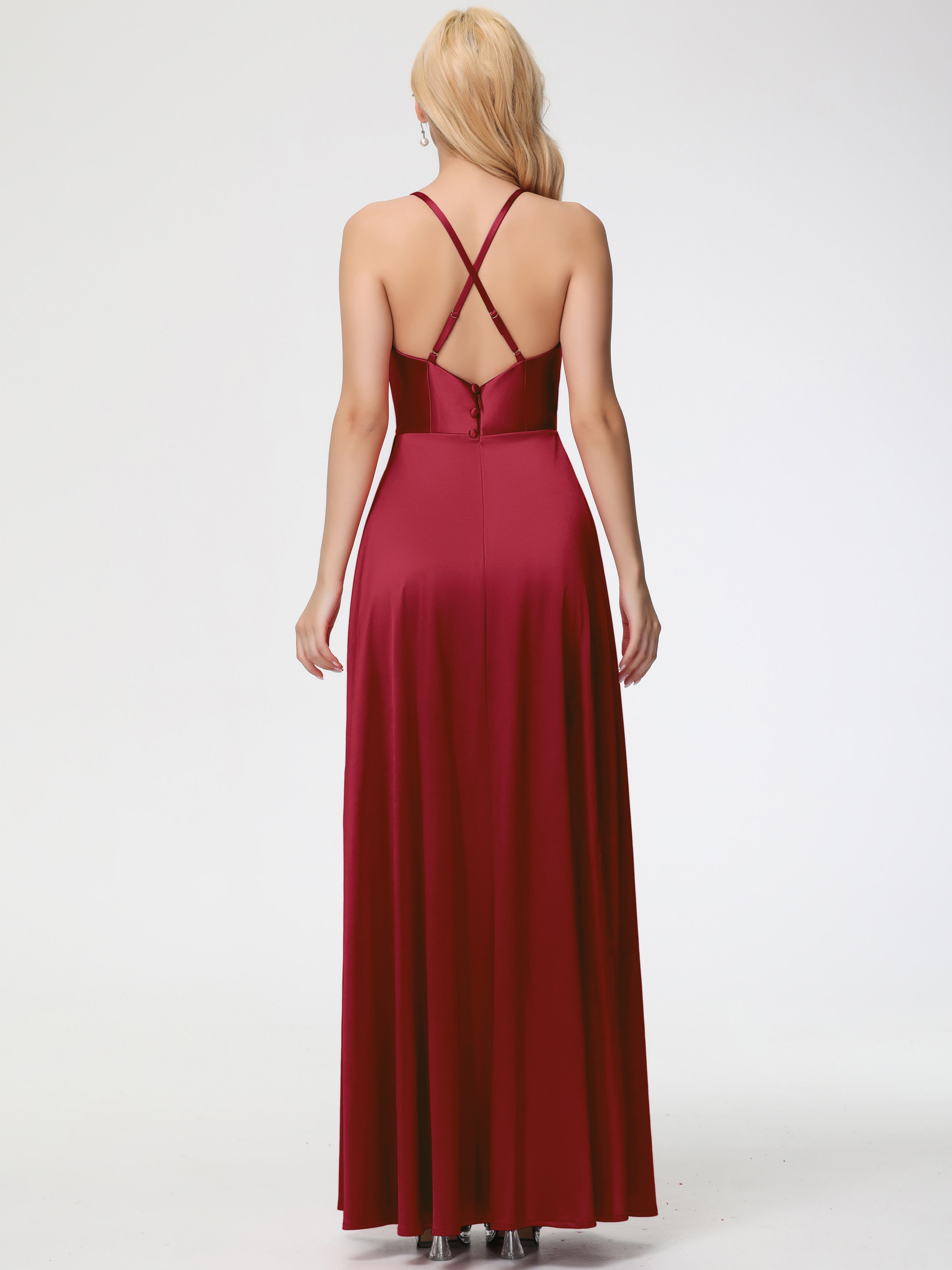 Robes De Demoiselle D'Honneur Bordeaux Pas Cher Trapèze Col Bénitier Fendue Longueur Ras Du Sol Satin Extensible Robe De Demoiselle D'Honneur