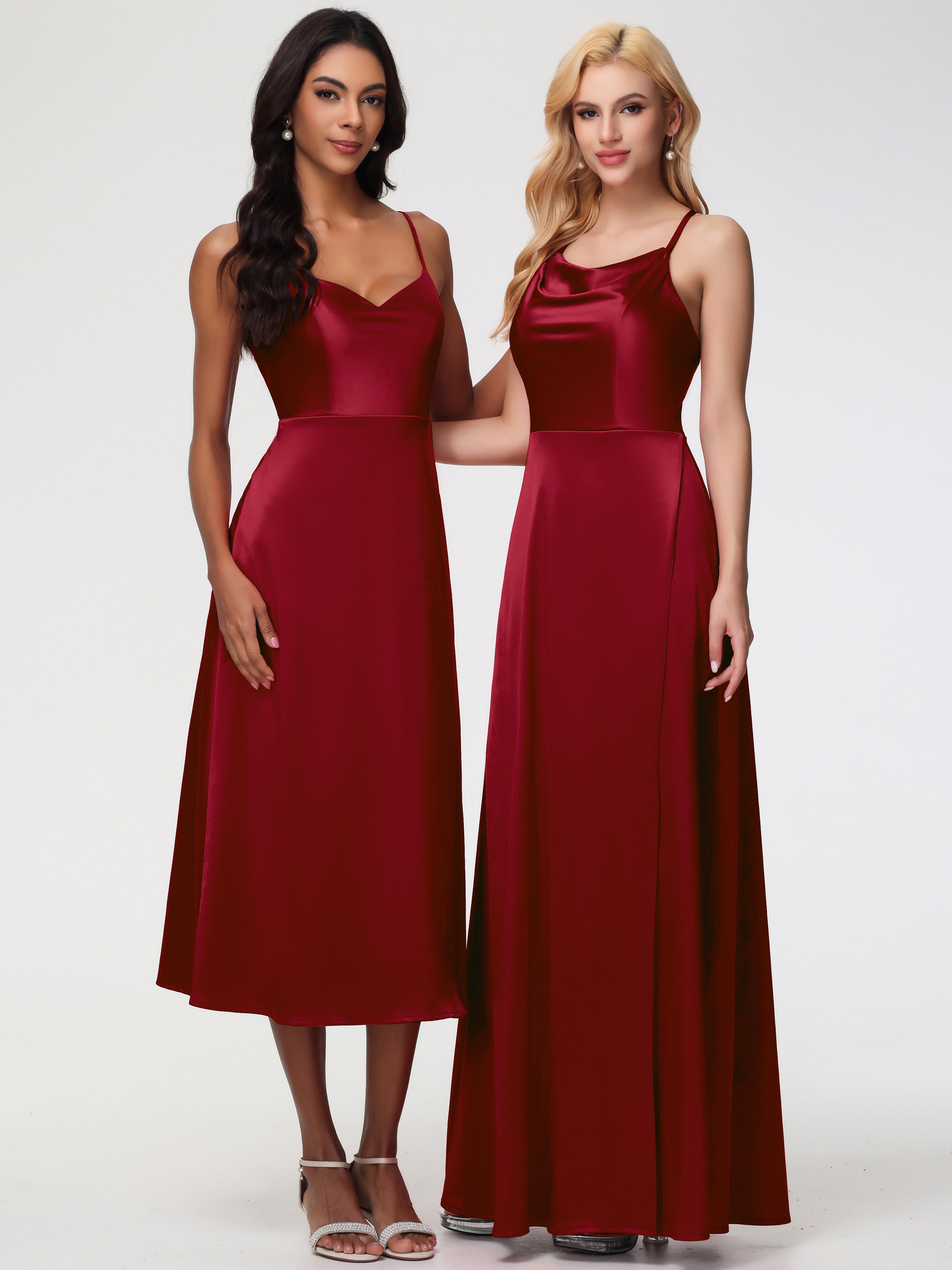 Robes De Demoiselle D'Honneur Bordeaux Pas Cher Trapèze Col Bénitier Fendue Longueur Ras Du Sol Satin Extensible Robe De Demoiselle D'Honneur