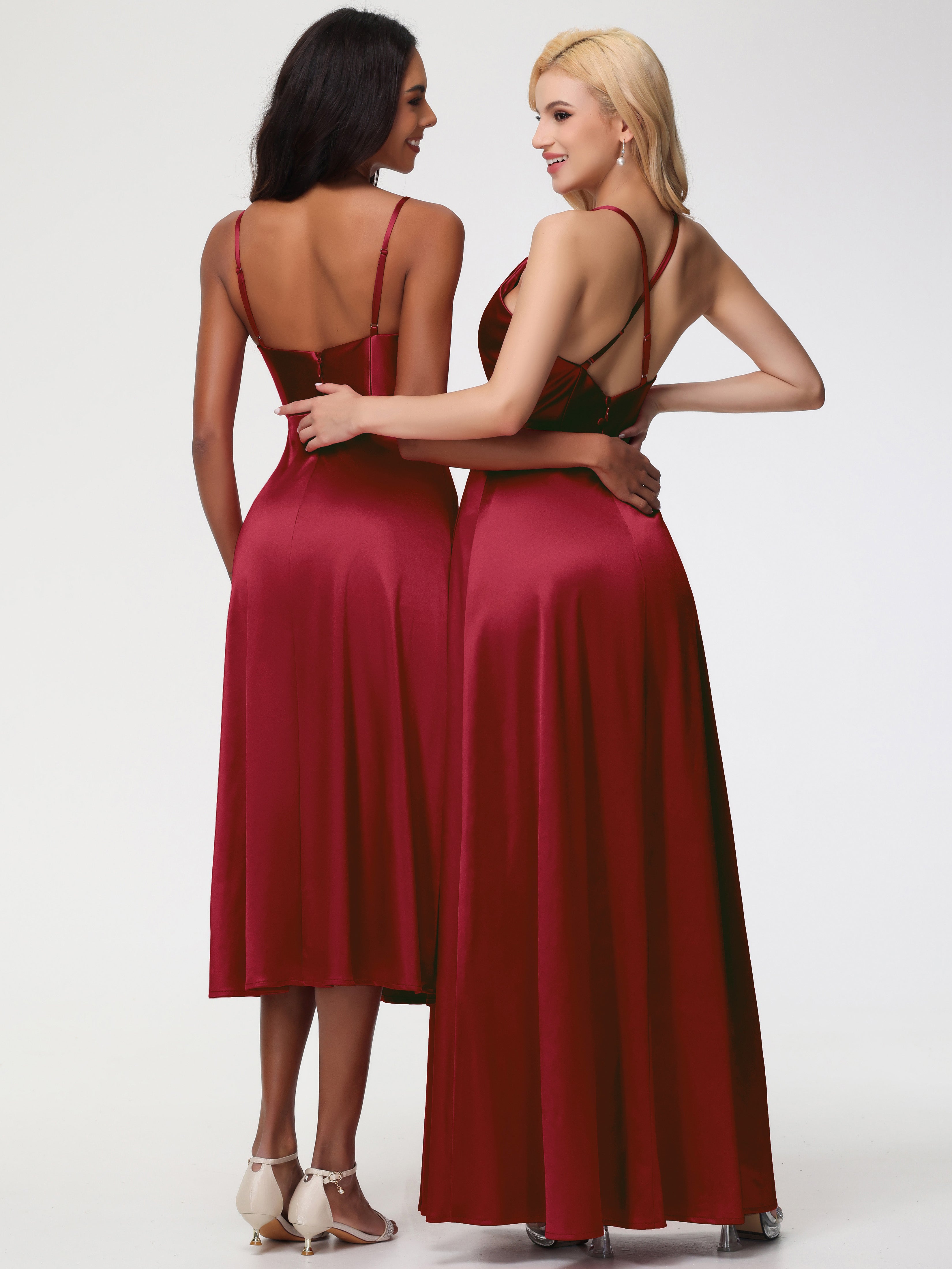 Robes De Demoiselle D'Honneur Bordeaux Pas Cher Trapèze Col Bénitier Fendue Longueur Ras Du Sol Satin Extensible Robe De Demoiselle D'Honneur