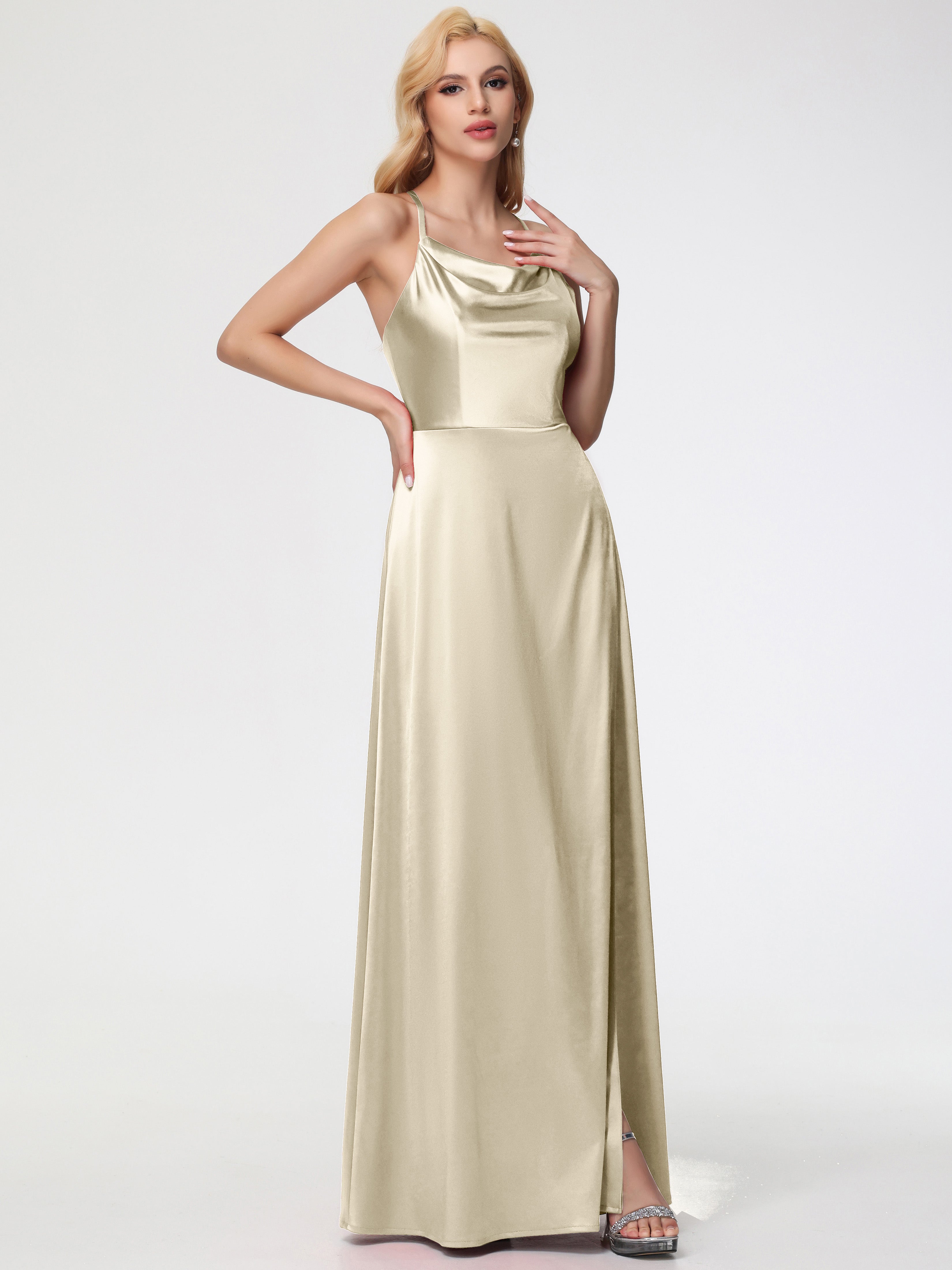 Robes De Demoiselle D'Honneur Champagne Pas Cher Trapèze Col Bénitier Fendue Longueur Ras Du Sol Satin Extensible Robe De Demoiselle D'Honneur