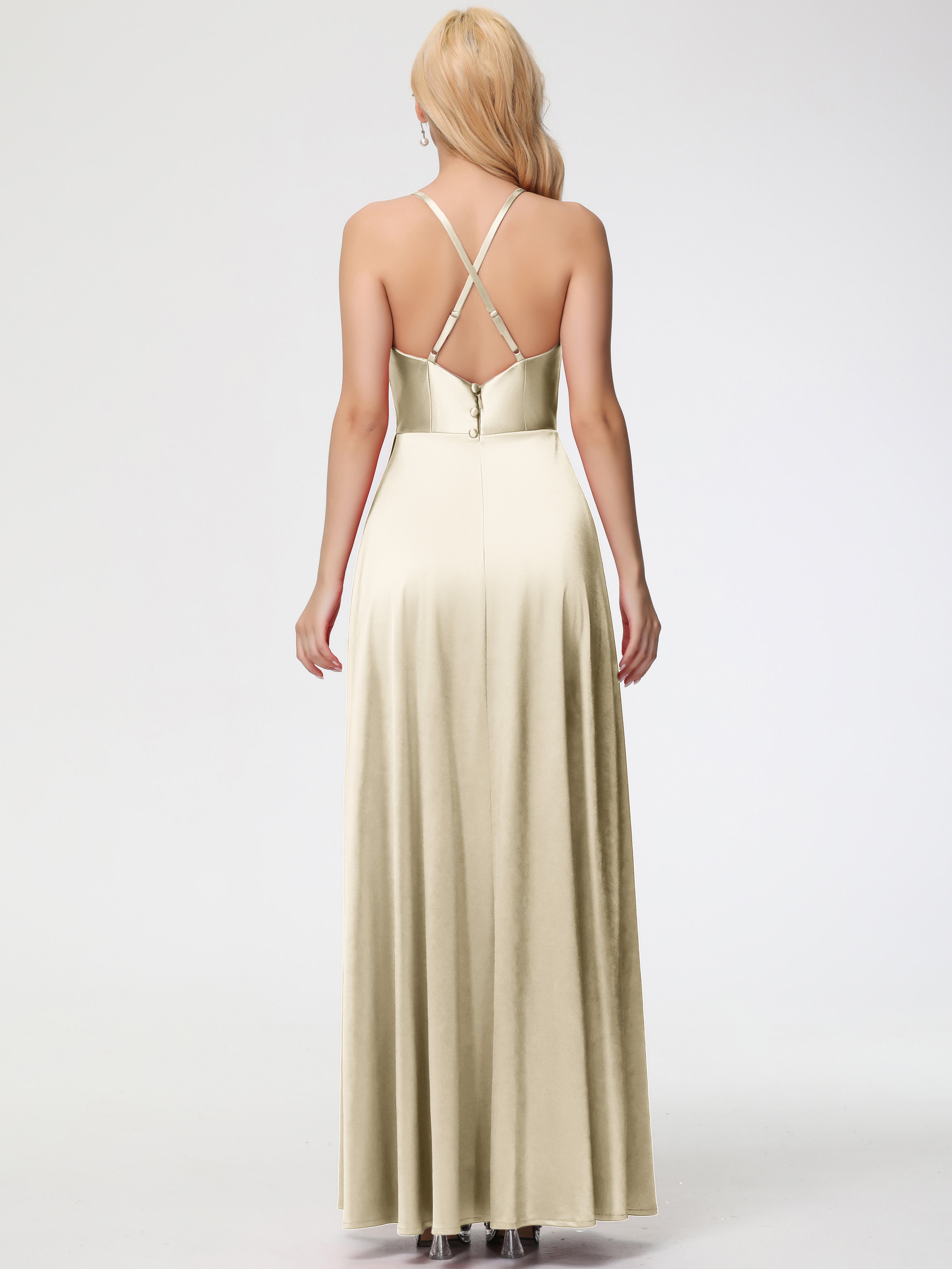 Robes De Demoiselle D'Honneur Champagne Pas Cher Trapèze Col Bénitier Fendue Longueur Ras Du Sol Satin Extensible Robe De Demoiselle D'Honneur