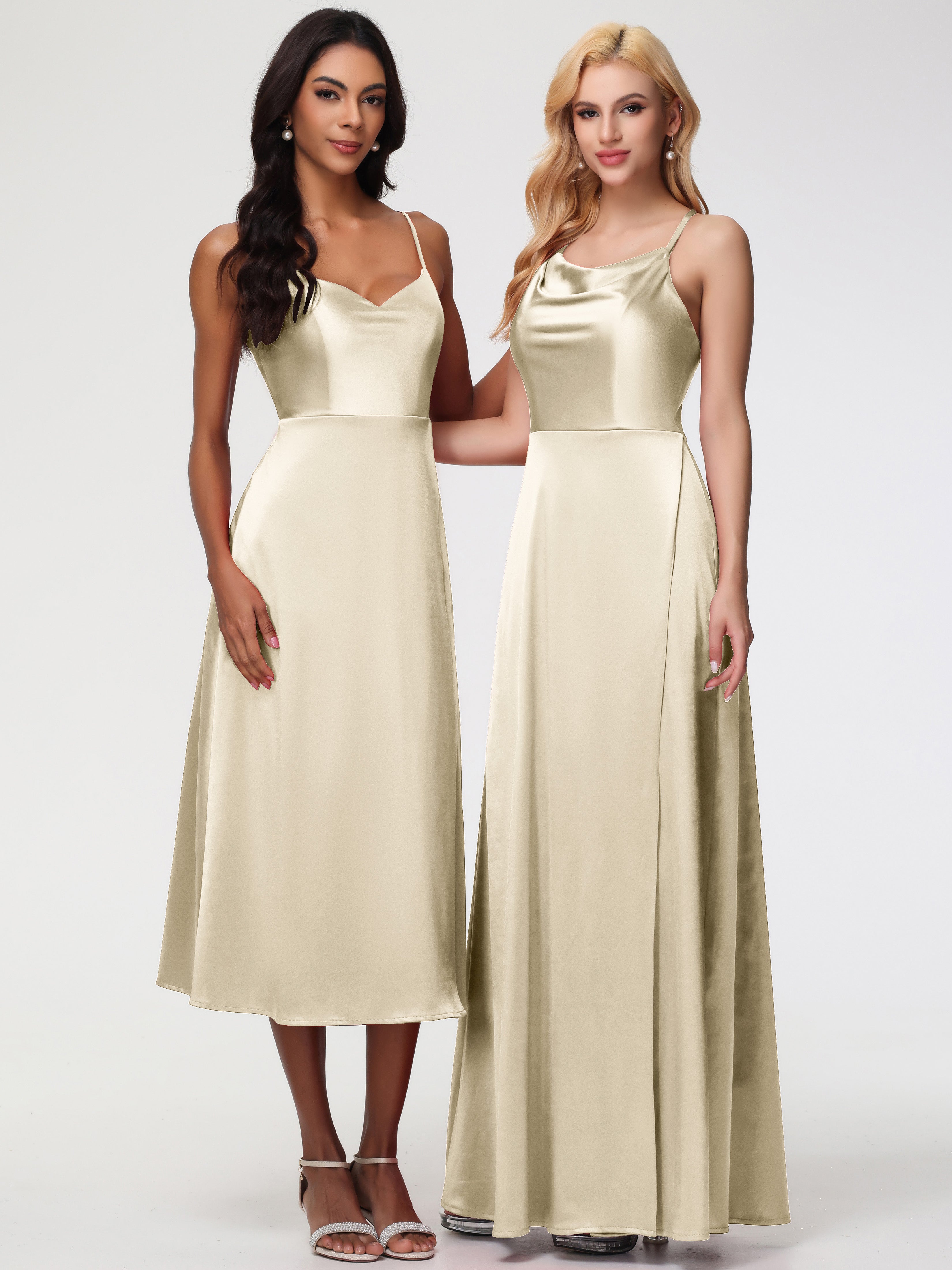 Robes De Demoiselle D'Honneur Champagne Pas Cher Trapèze Col Bénitier Fendue Longueur Ras Du Sol Satin Extensible Robe De Demoiselle D'Honneur