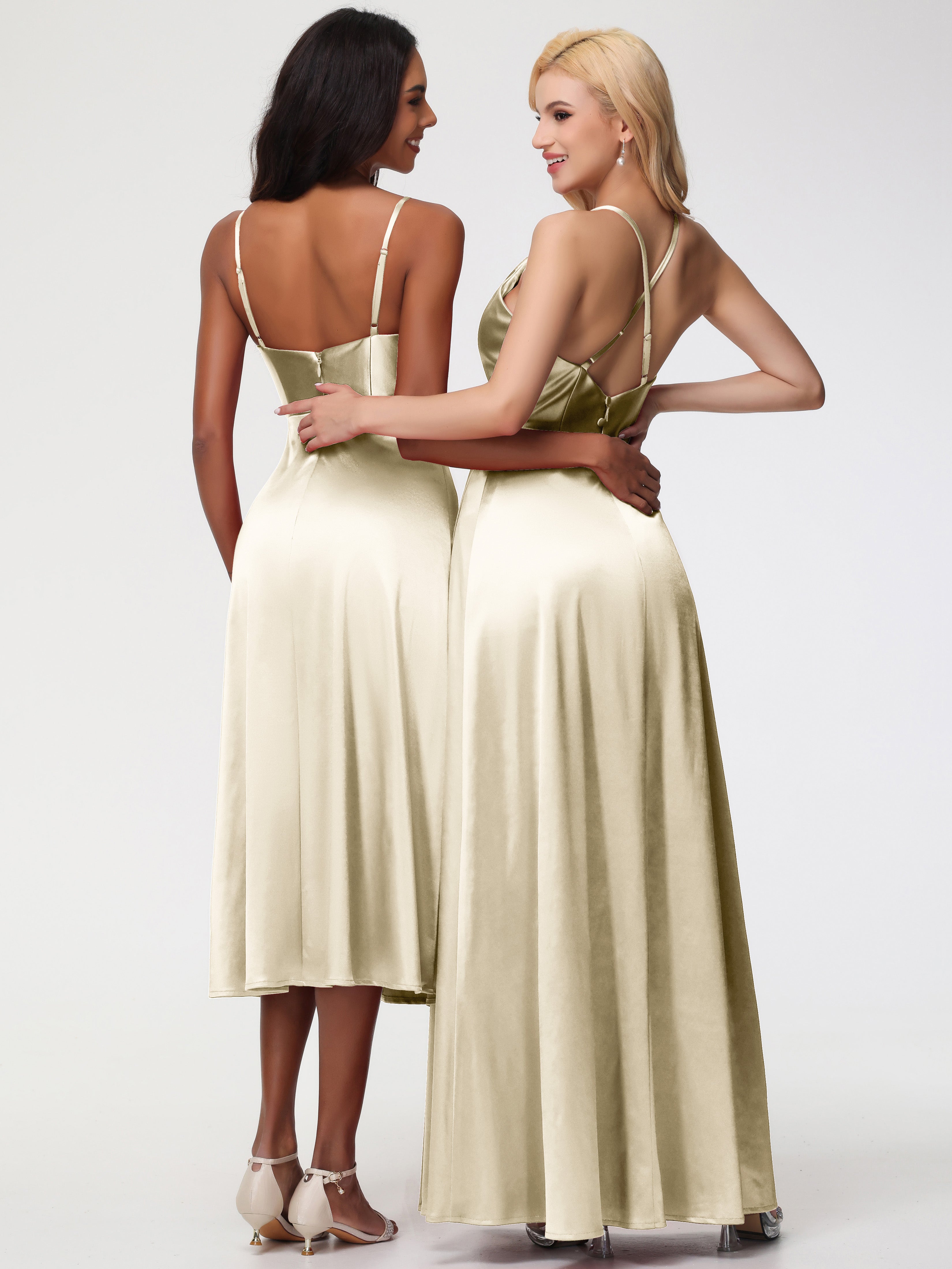 Robes De Demoiselle D'Honneur Champagne Pas Cher Trapèze Col Bénitier Fendue Longueur Ras Du Sol Satin Extensible Robe De Demoiselle D'Honneur