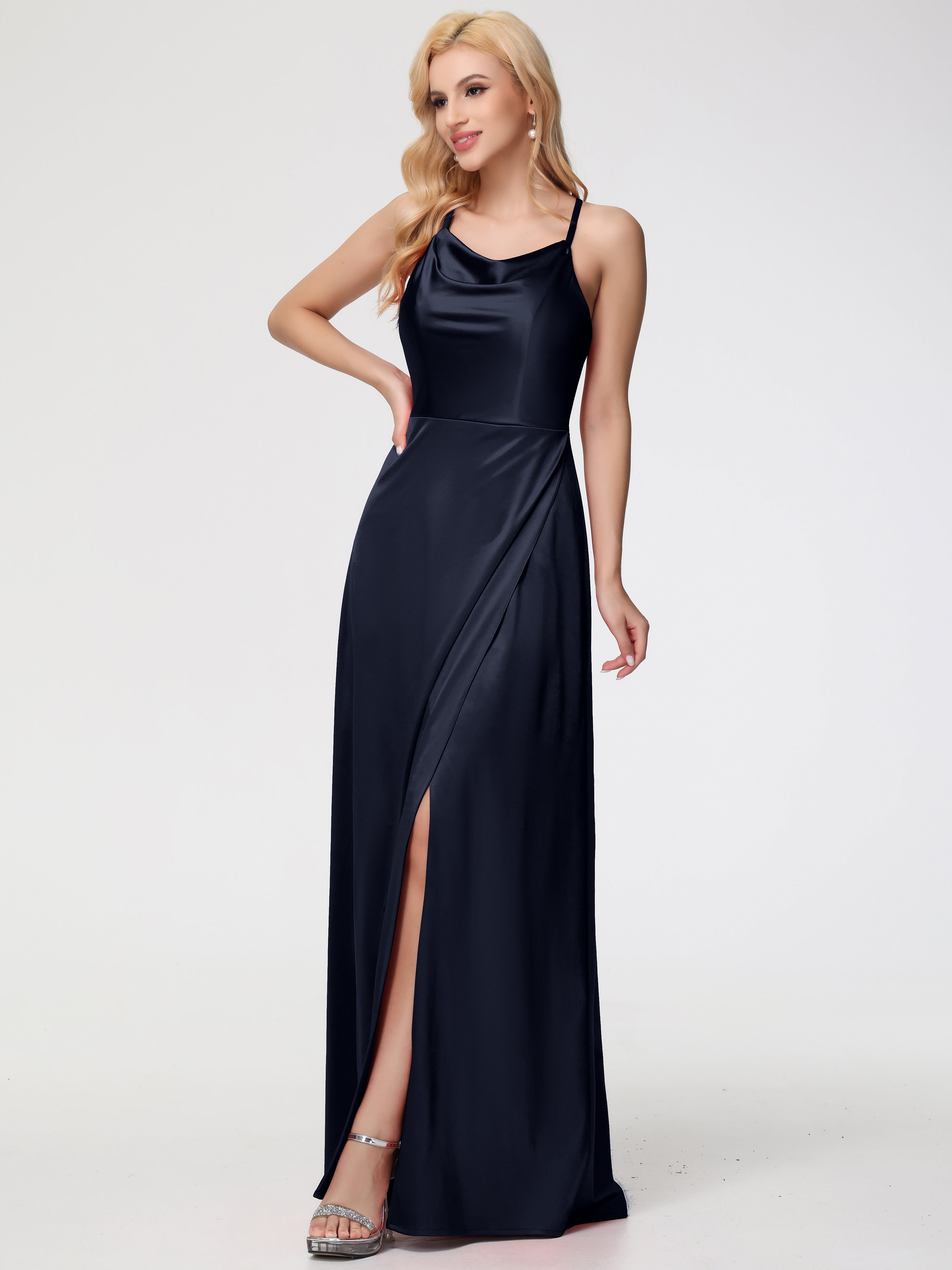 Demoiselle D'Honneur Bleu Marine Trapèze Col Bénitier Fendue Longueur Ras Du Sol Satin Extensible Robe De Demoiselle D'Honneur