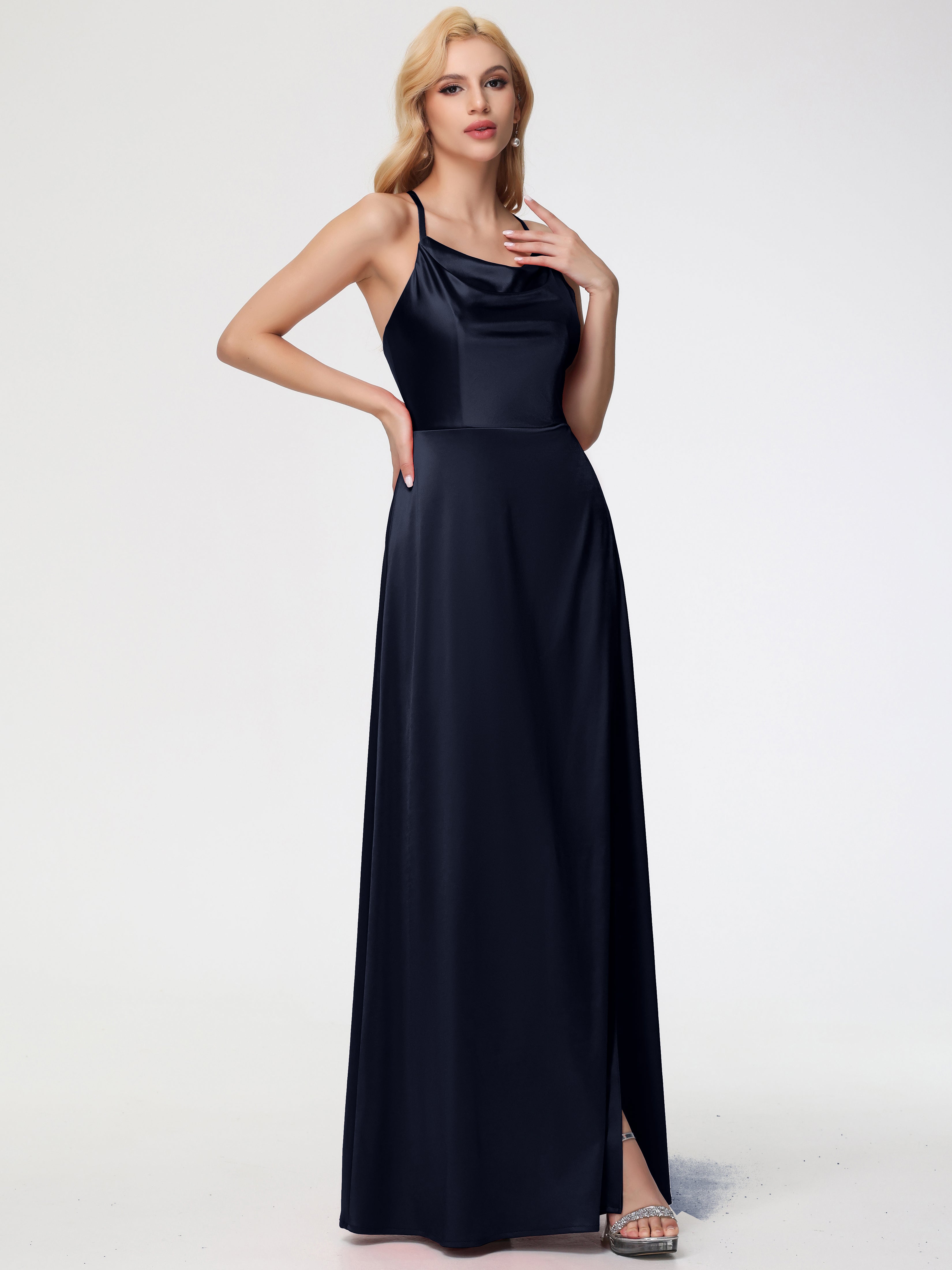 Demoiselle D'Honneur Bleu Marine Trapèze Col Bénitier Fendue Longueur Ras Du Sol Satin Extensible Robe De Demoiselle D'Honneur