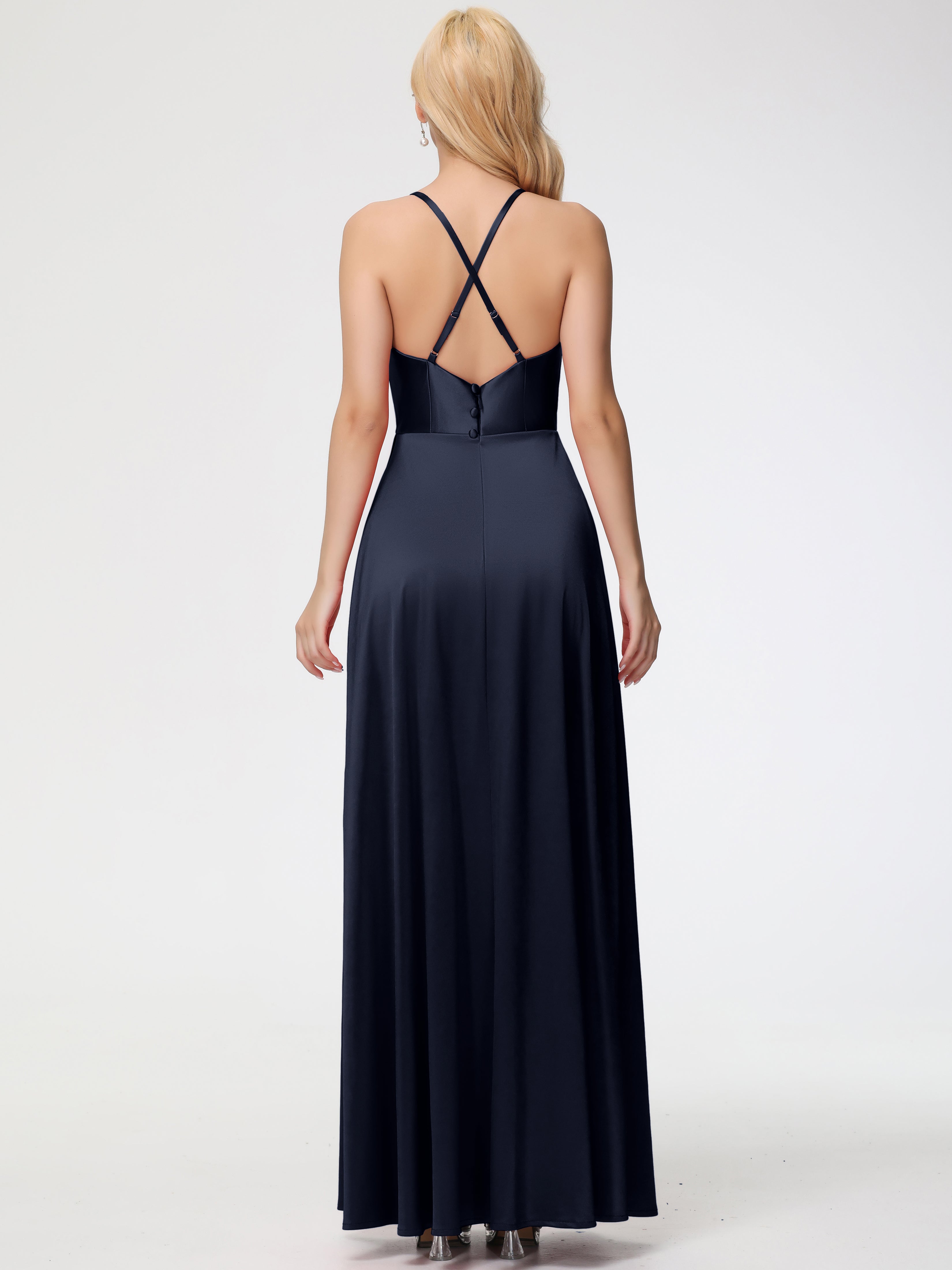 Demoiselle D'Honneur Bleu Marine Trapèze Col Bénitier Fendue Longueur Ras Du Sol Satin Extensible Robe De Demoiselle D'Honneur