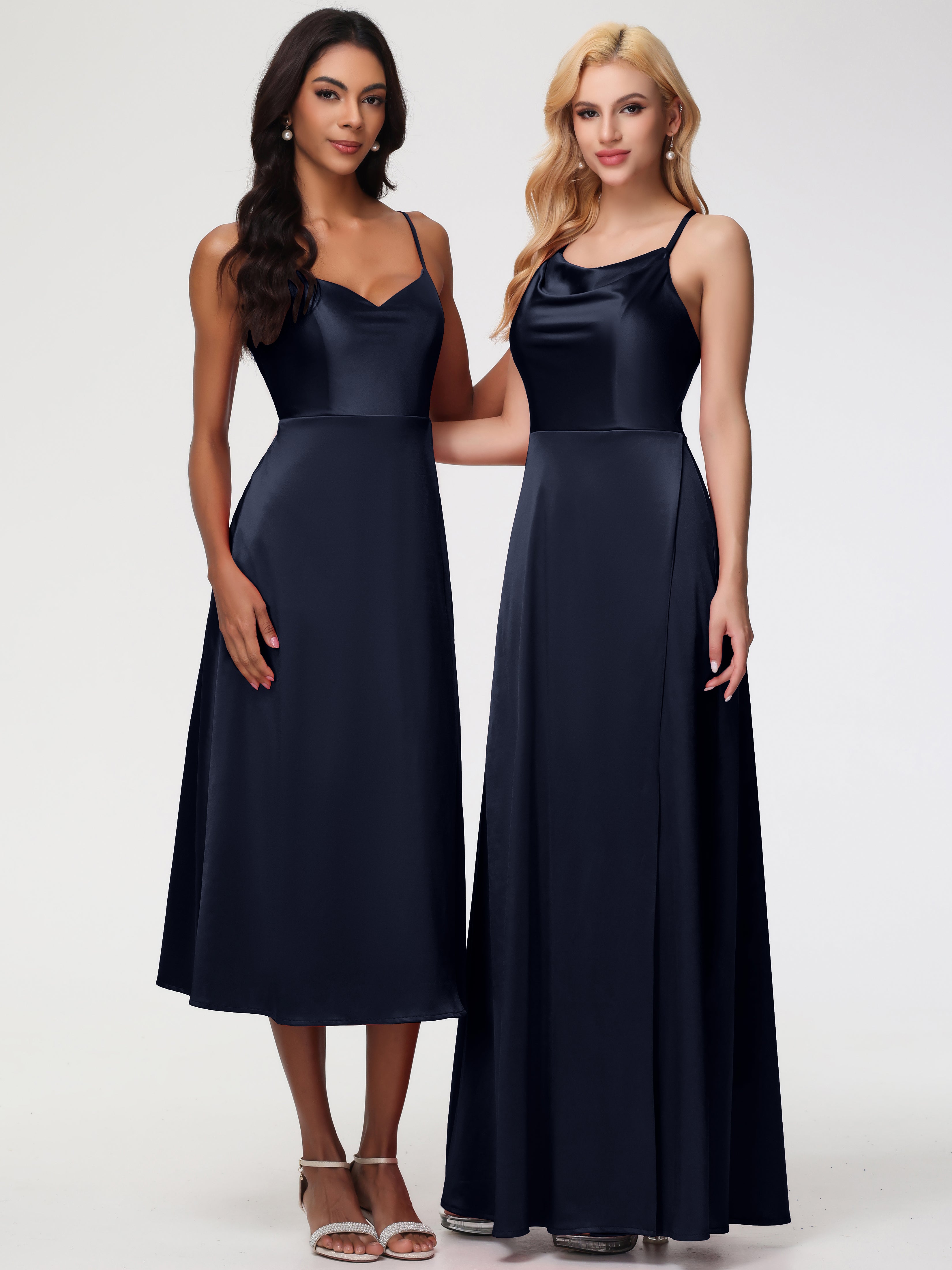 Demoiselle D'Honneur Bleu Marine Trapèze Col Bénitier Fendue Longueur Ras Du Sol Satin Extensible Robe De Demoiselle D'Honneur