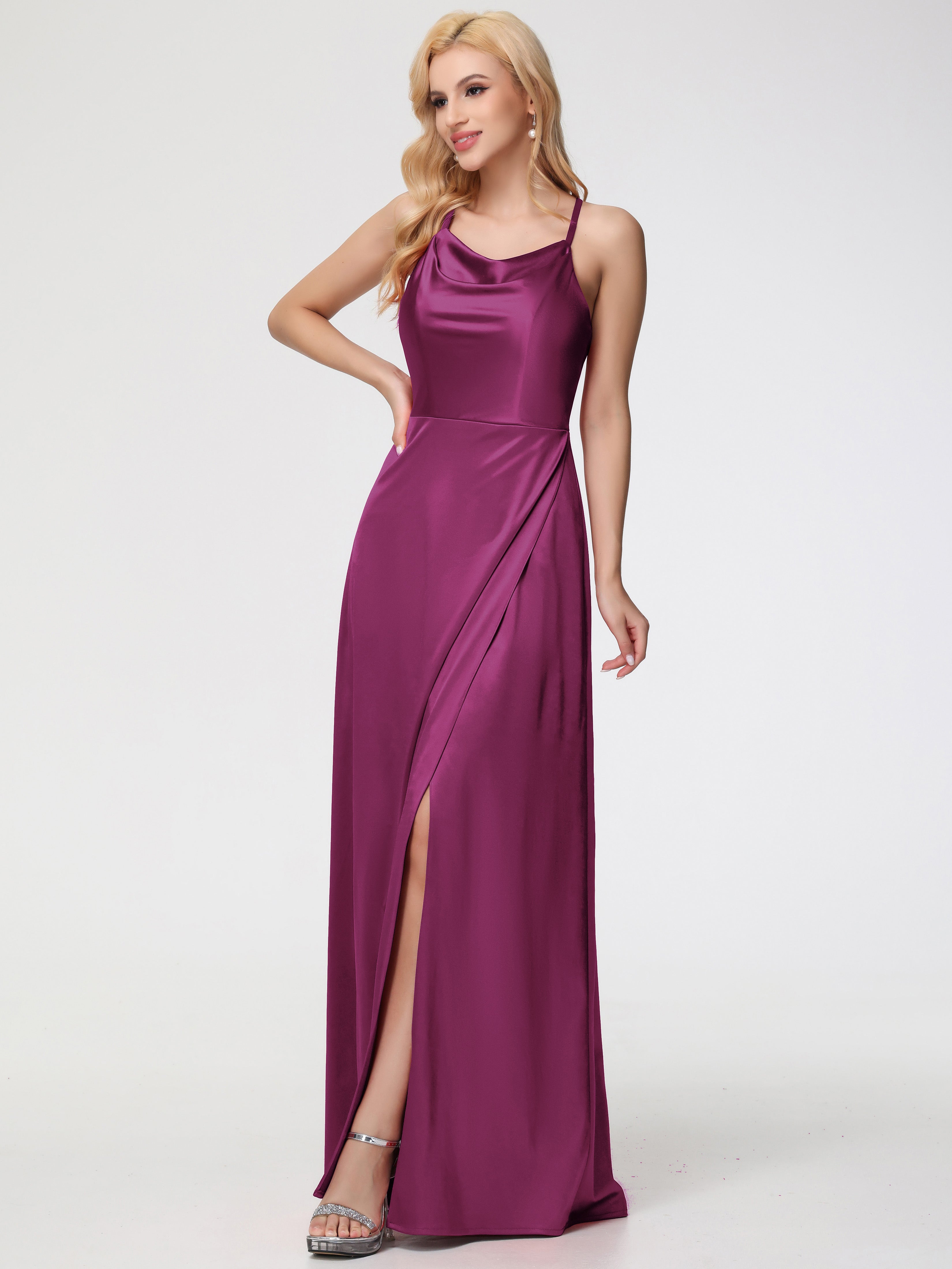 Robes De Demoiselle D'Honneur Rose Fuchsia Trapèze Col Bénitier Fendue Longueur Ras Du Sol Satin Extensible Robe De Demoiselle D'Honneur