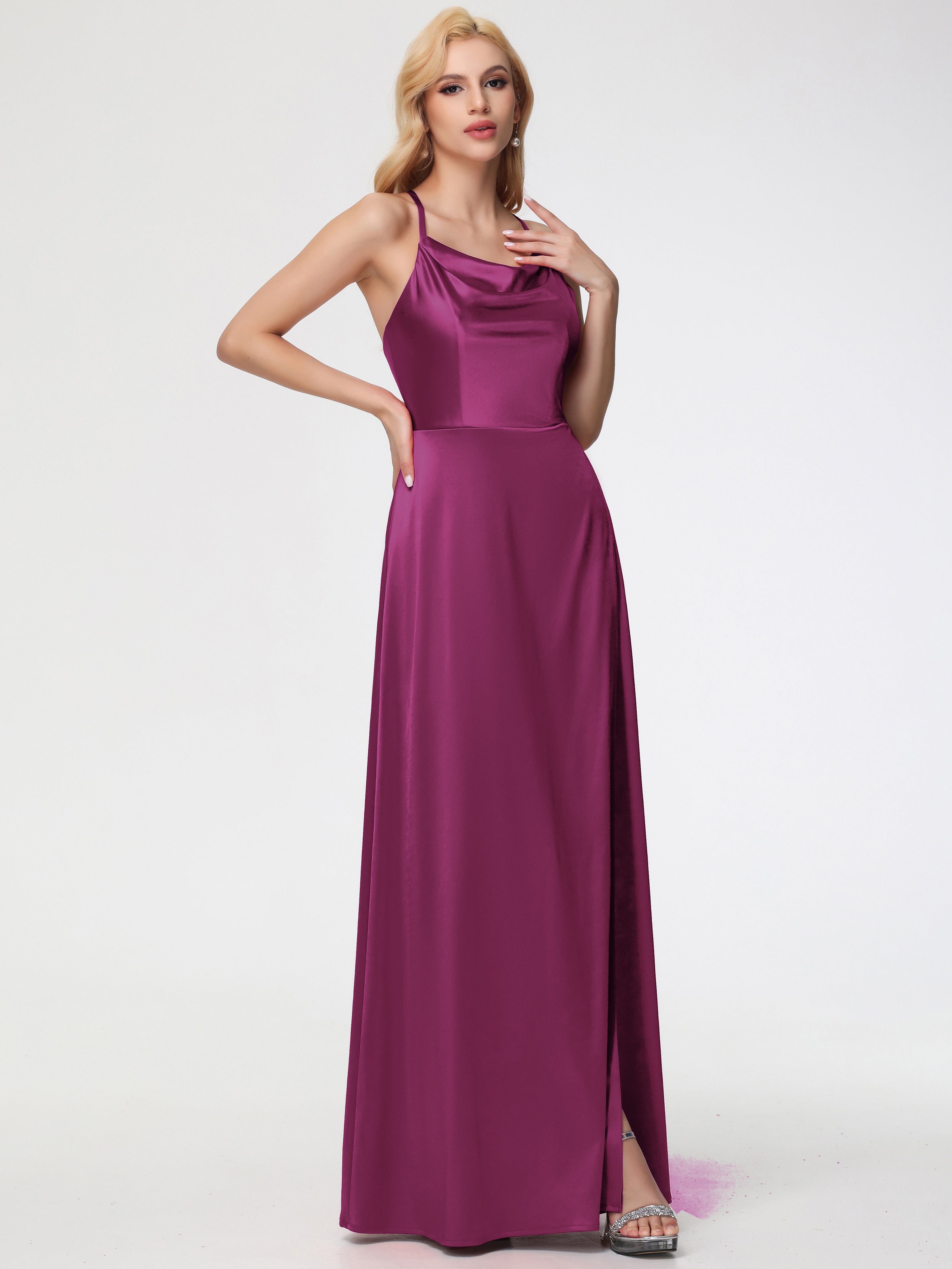 Robes De Demoiselle D'Honneur Rose Fuchsia Trapèze Col Bénitier Fendue Longueur Ras Du Sol Satin Extensible Robe De Demoiselle D'Honneur