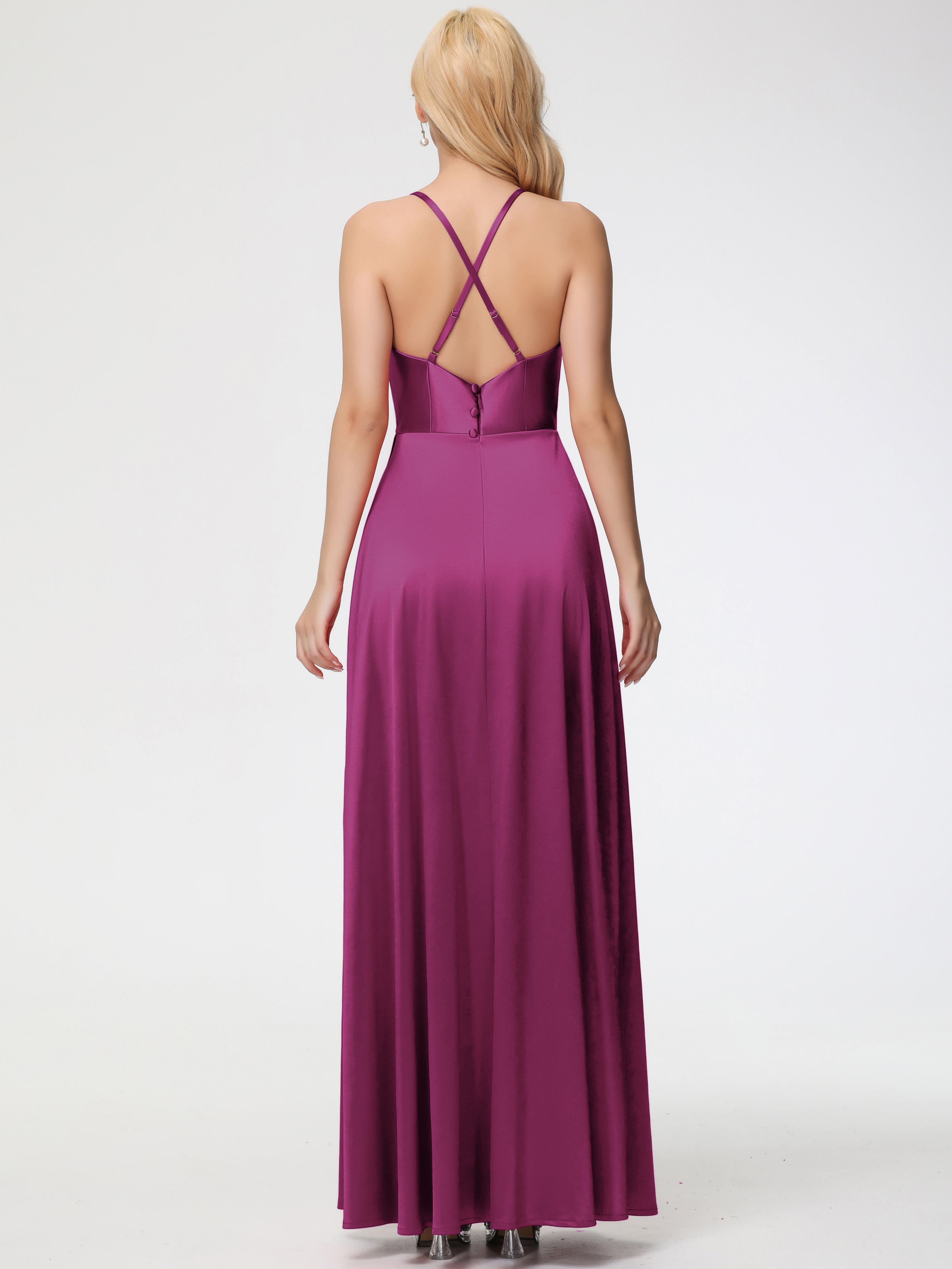 Robes De Demoiselle D'Honneur Rose Fuchsia Trapèze Col Bénitier Fendue Longueur Ras Du Sol Satin Extensible Robe De Demoiselle D'Honneur