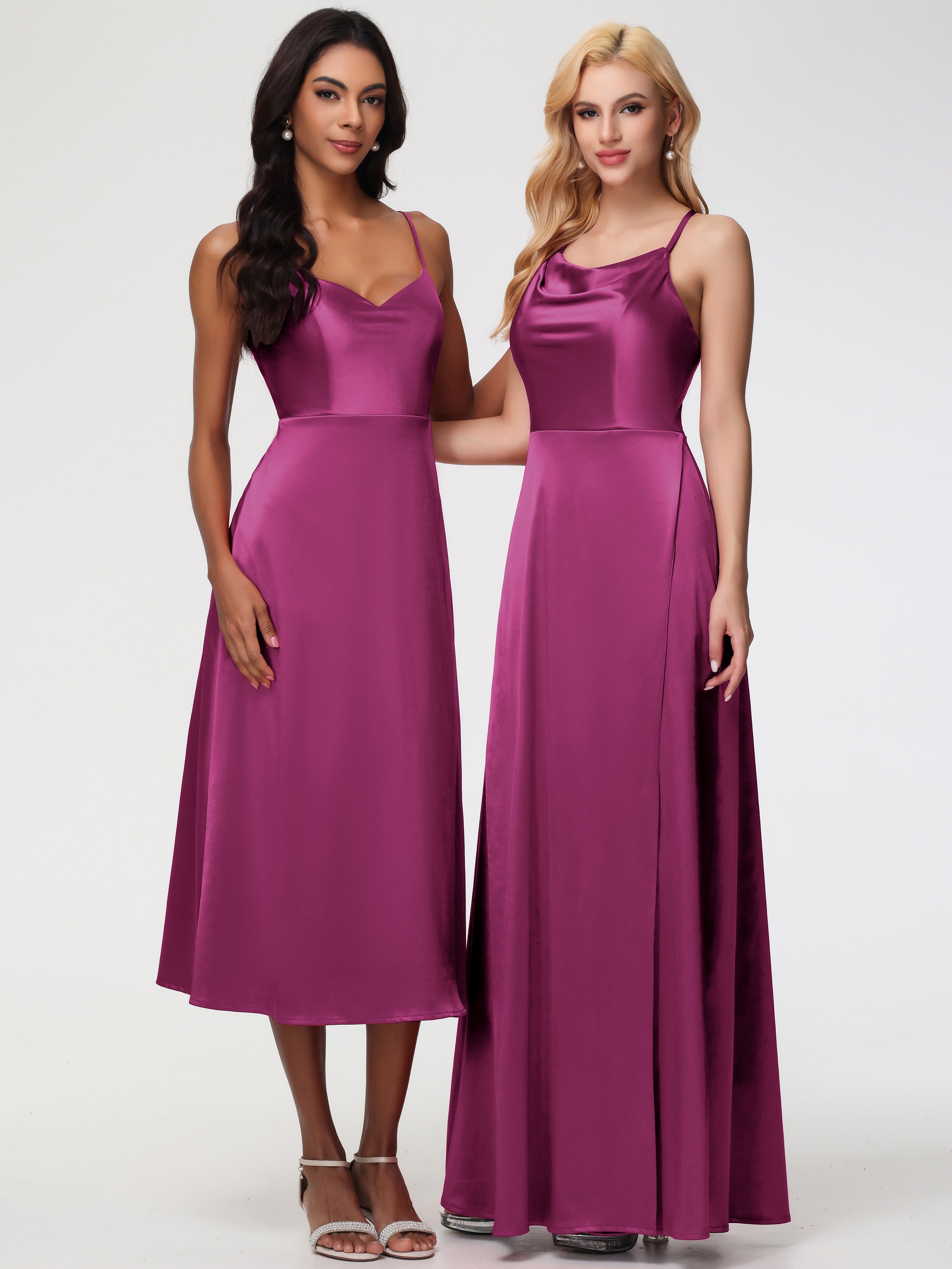 Robes De Demoiselle D'Honneur Rose Fuchsia Trapèze Col Bénitier Fendue Longueur Ras Du Sol Satin Extensible Robe De Demoiselle D'Honneur