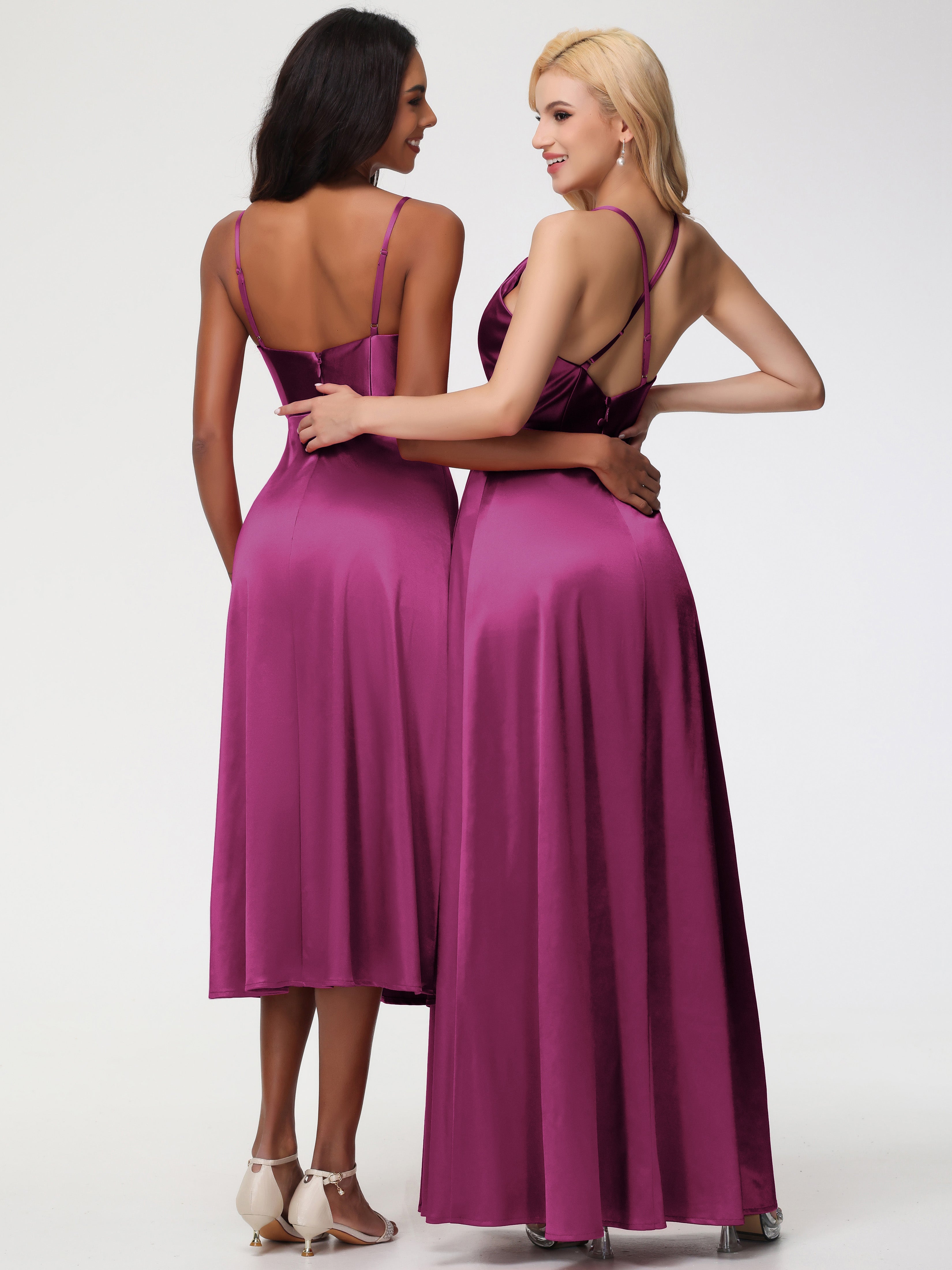 Robes De Demoiselle D'Honneur Rose Fuchsia Trapèze Col Bénitier Fendue Longueur Ras Du Sol Satin Extensible Robe De Demoiselle D'Honneur