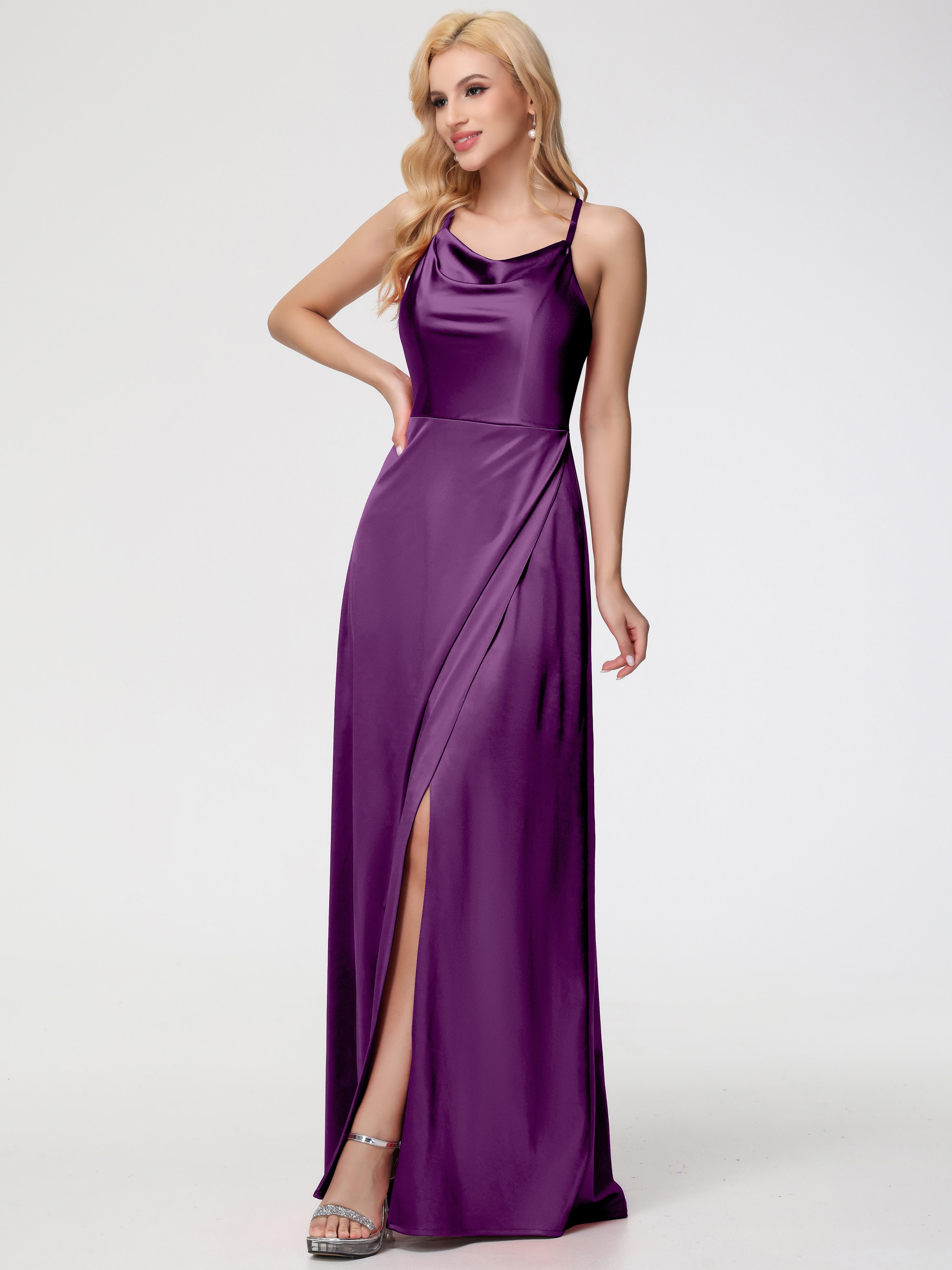 Robes De Demoiselle D'Honneur En Raisin Trapèze Col Bénitier Fendue Longueur Ras Du Sol Satin Extensible Robe De Demoiselle D'Honneur