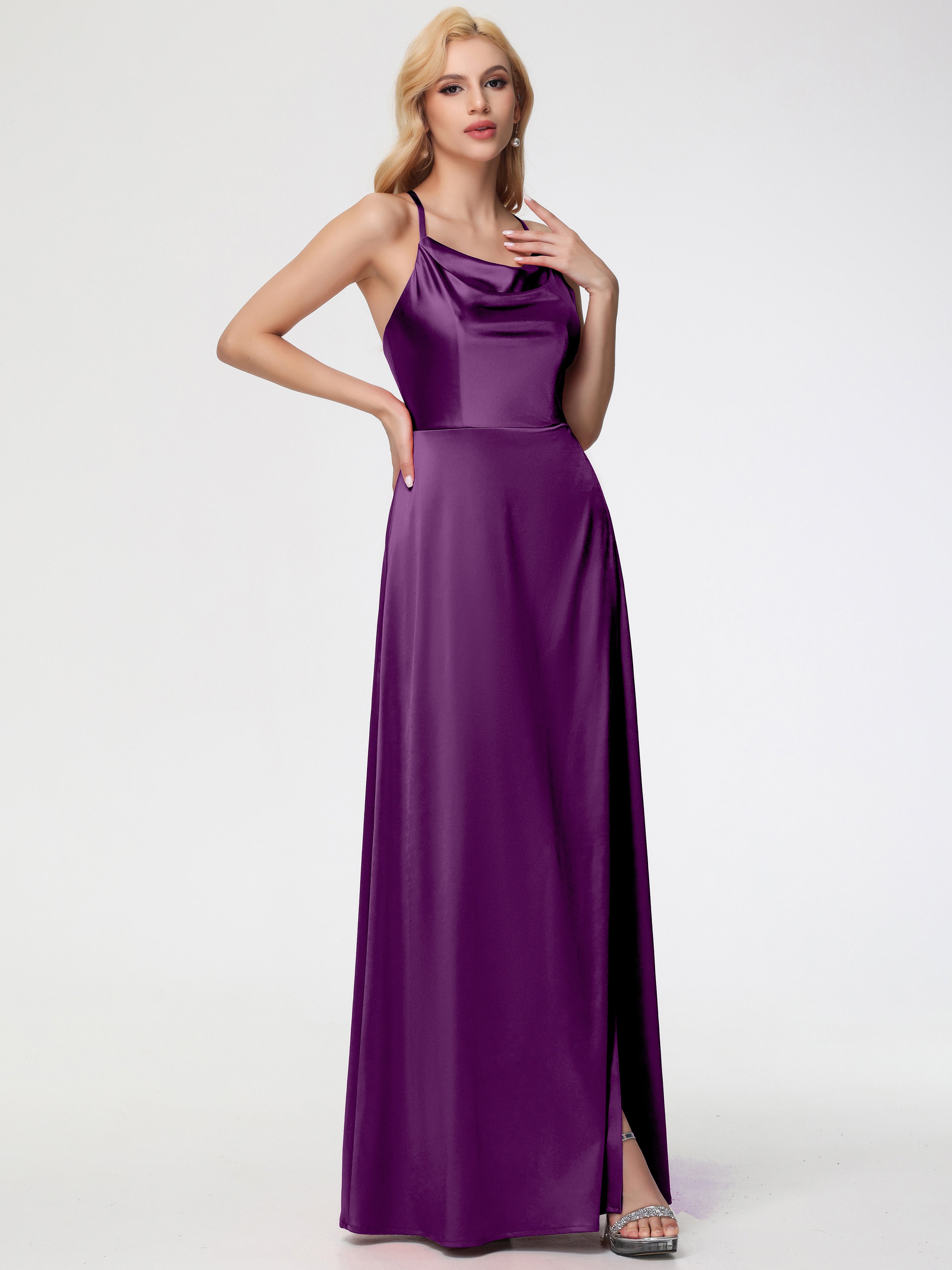 Robes De Demoiselle D'Honneur En Raisin Trapèze Col Bénitier Fendue Longueur Ras Du Sol Satin Extensible Robe De Demoiselle D'Honneur