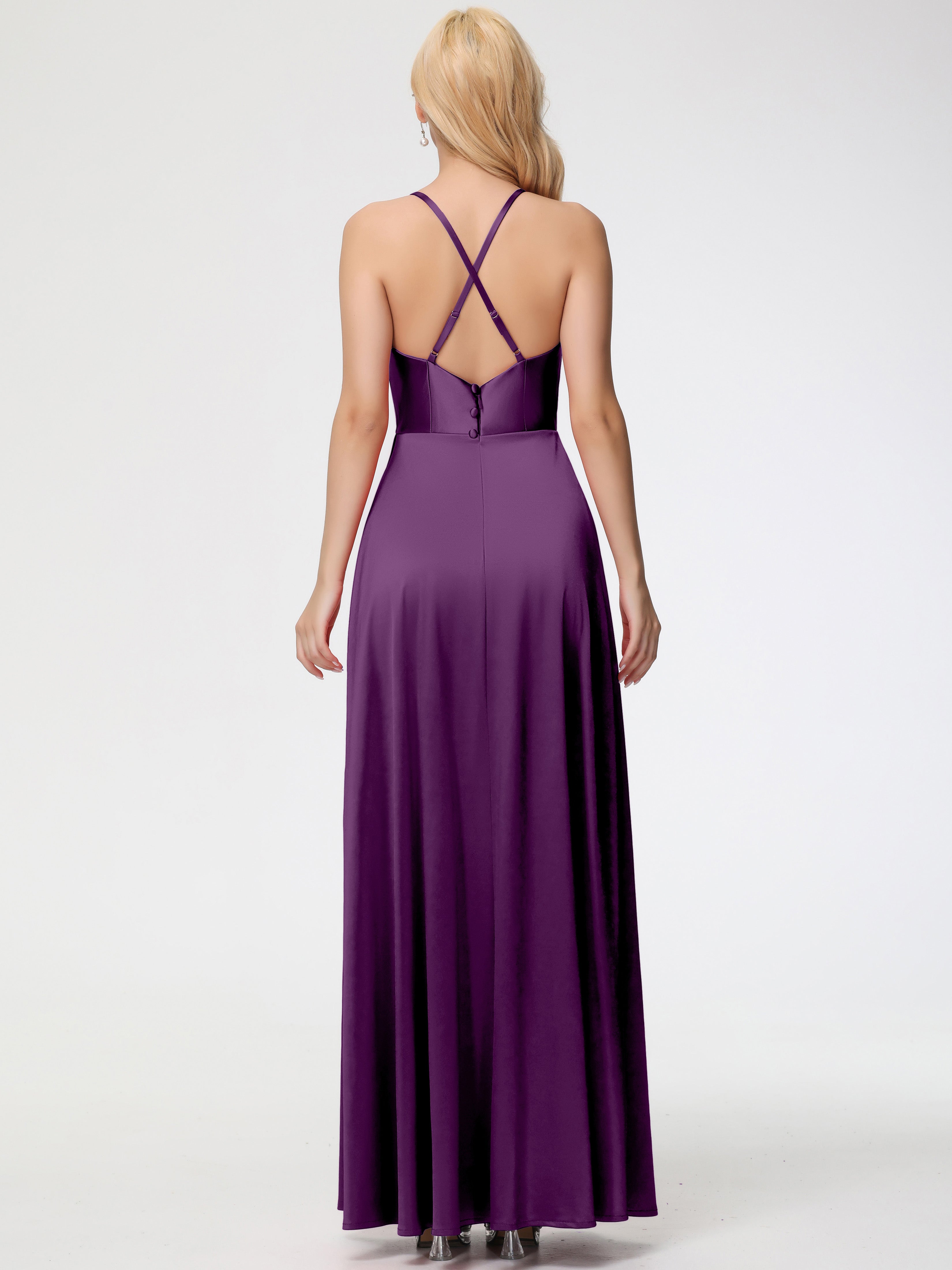 Robes De Demoiselle D'Honneur En Raisin Trapèze Col Bénitier Fendue Longueur Ras Du Sol Satin Extensible Robe De Demoiselle D'Honneur