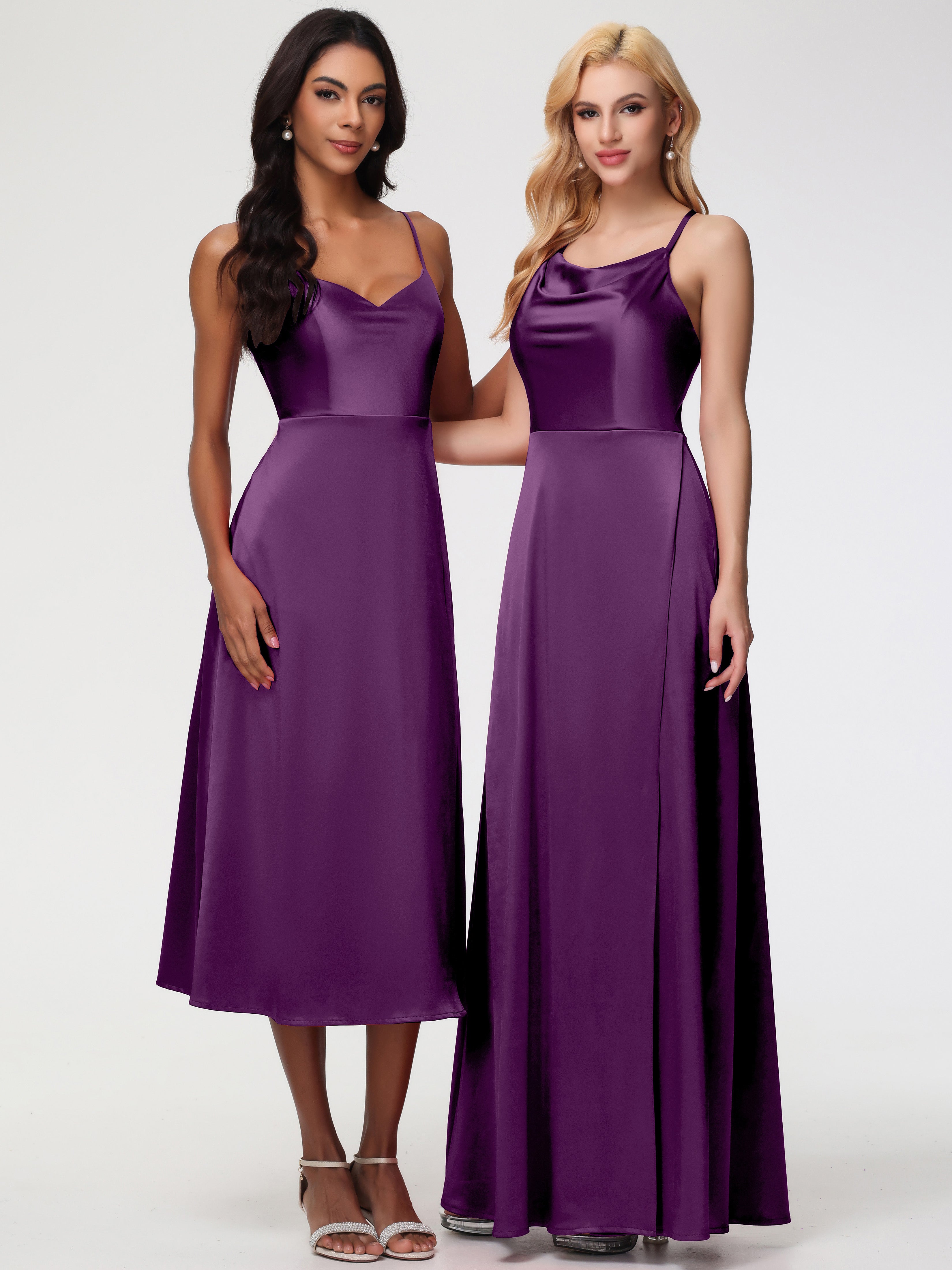 Robes De Demoiselle D'Honneur En Raisin Trapèze Col Bénitier Fendue Longueur Ras Du Sol Satin Extensible Robe De Demoiselle D'Honneur