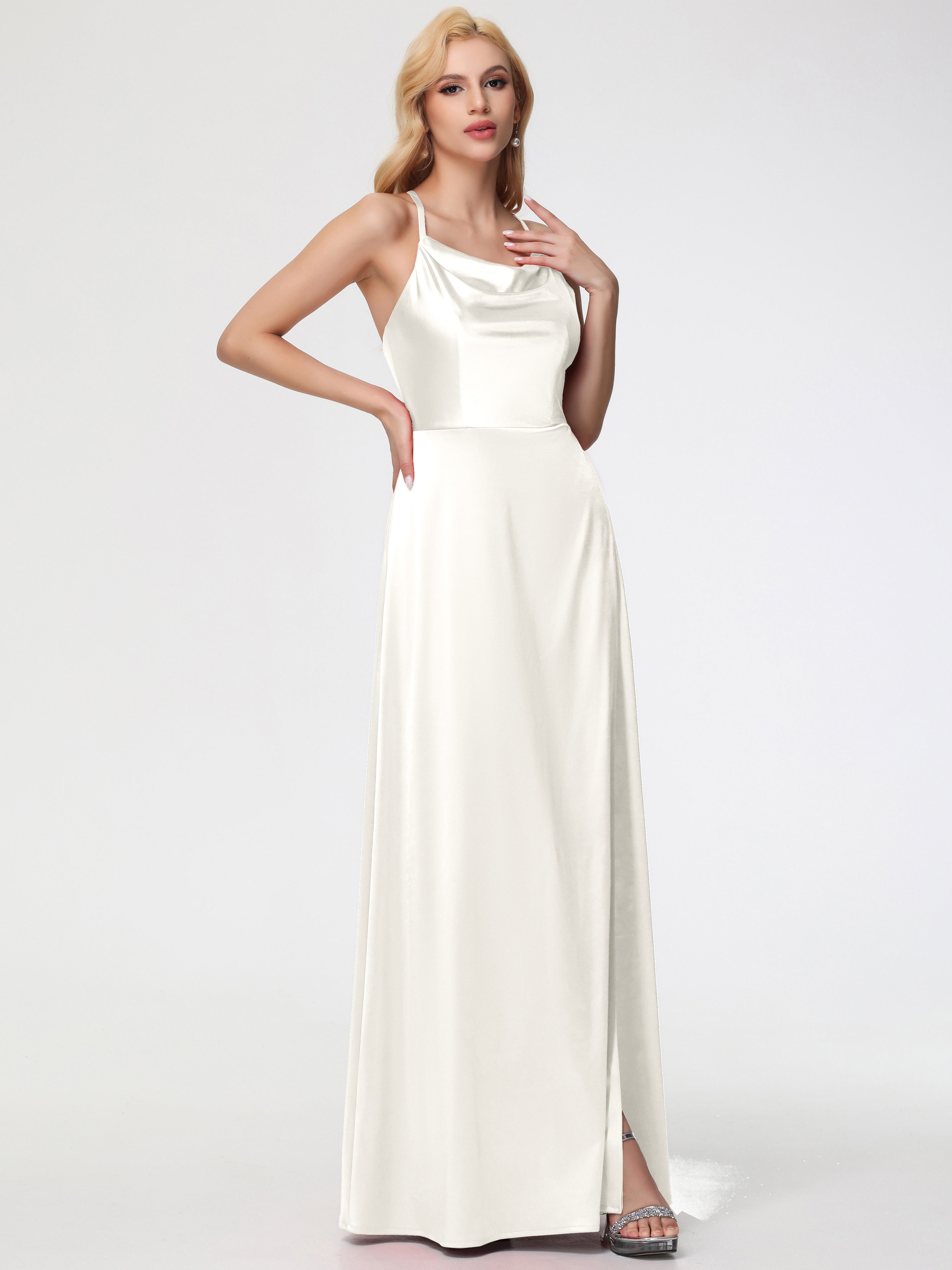 Robes De Demoiselle D'Honneur Ivoire Trapèze Col Bénitier Fendue Longueur Ras Du Sol Satin Extensible Robe De Demoiselle D'Honneur