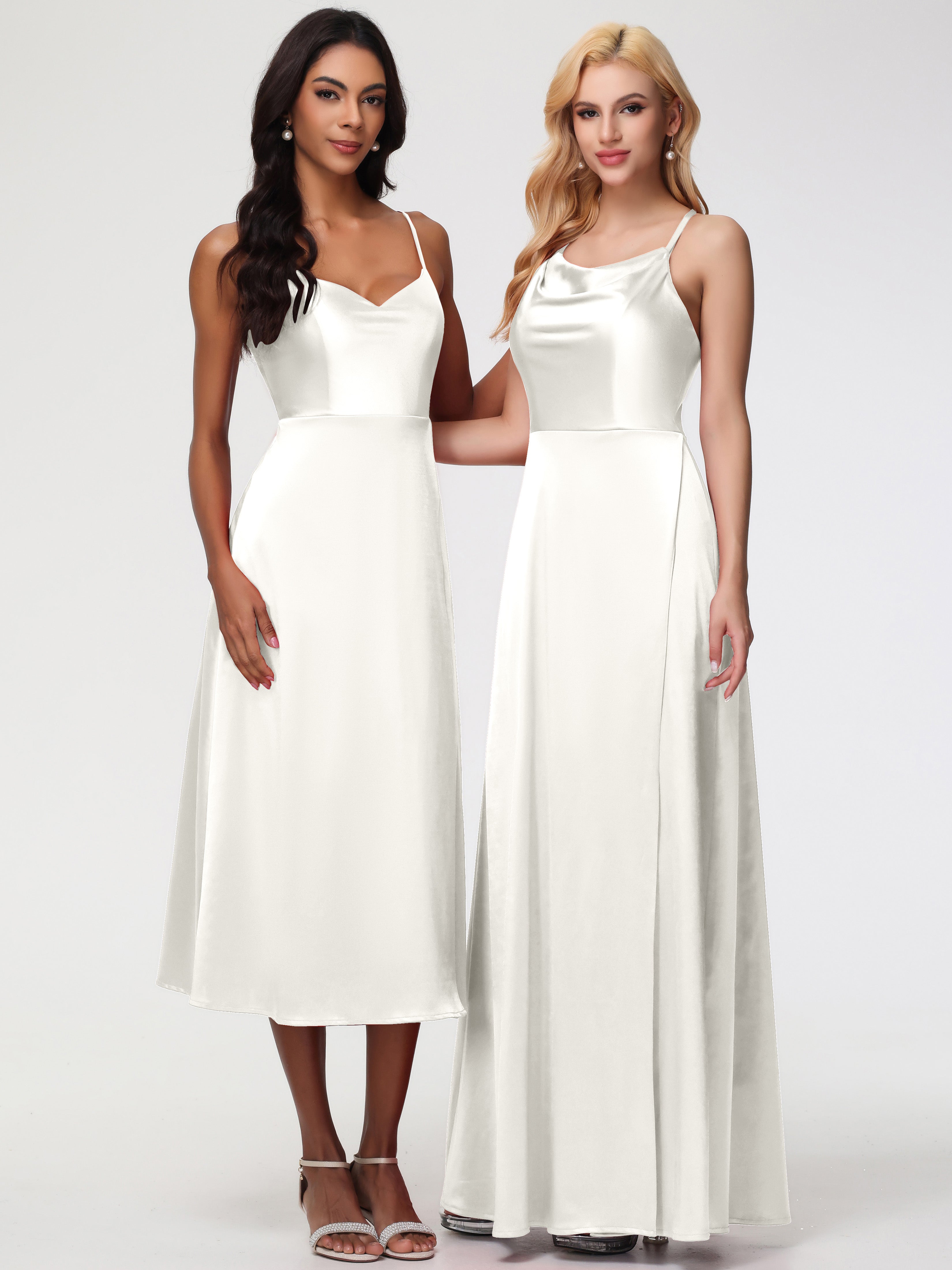 Robes De Demoiselle D'Honneur Ivoire Trapèze Col Bénitier Fendue Longueur Ras Du Sol Satin Extensible Robe De Demoiselle D'Honneur