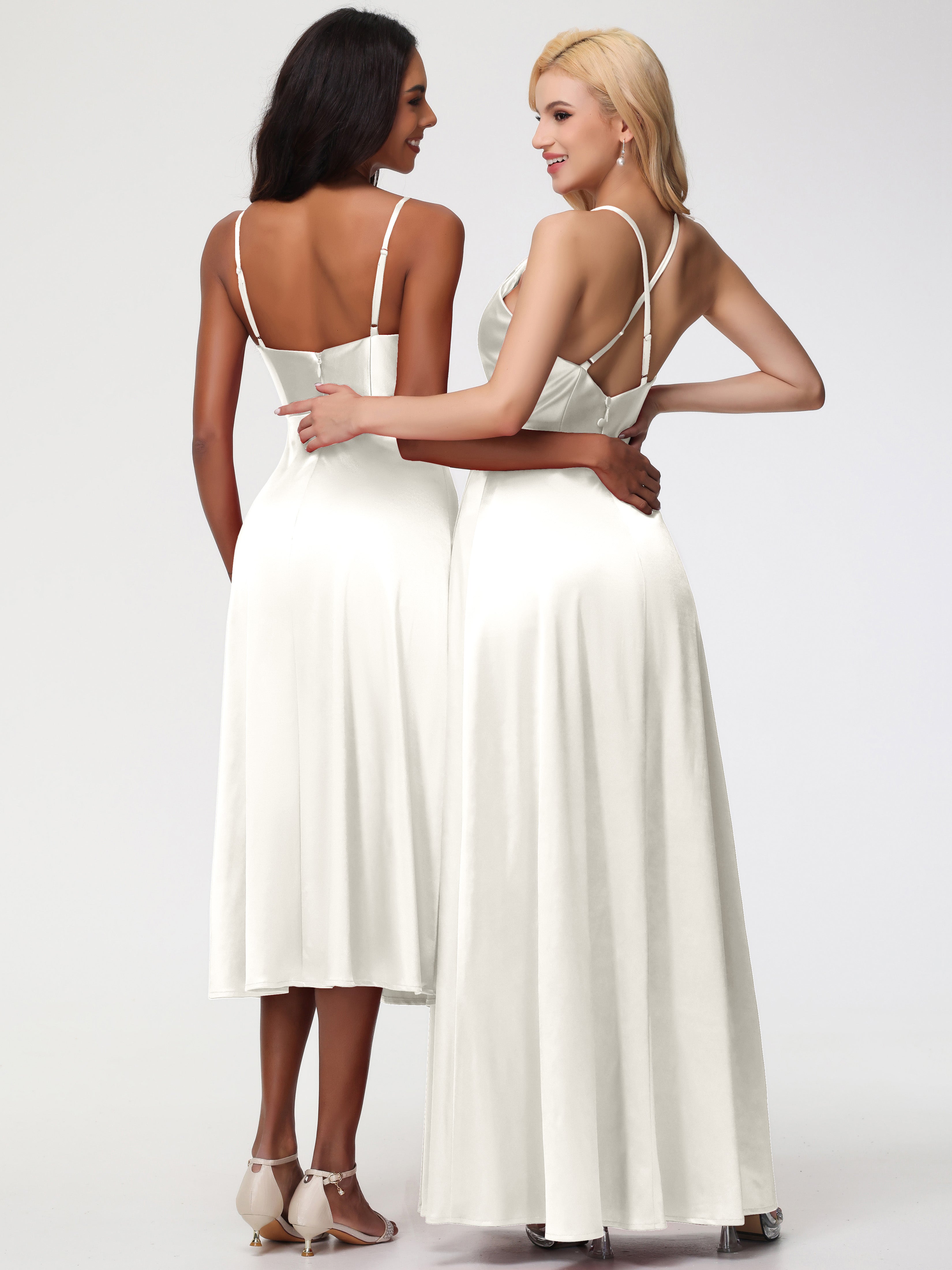 Robes De Demoiselle D'Honneur Ivoire Trapèze Col Bénitier Fendue Longueur Ras Du Sol Satin Extensible Robe De Demoiselle D'Honneur