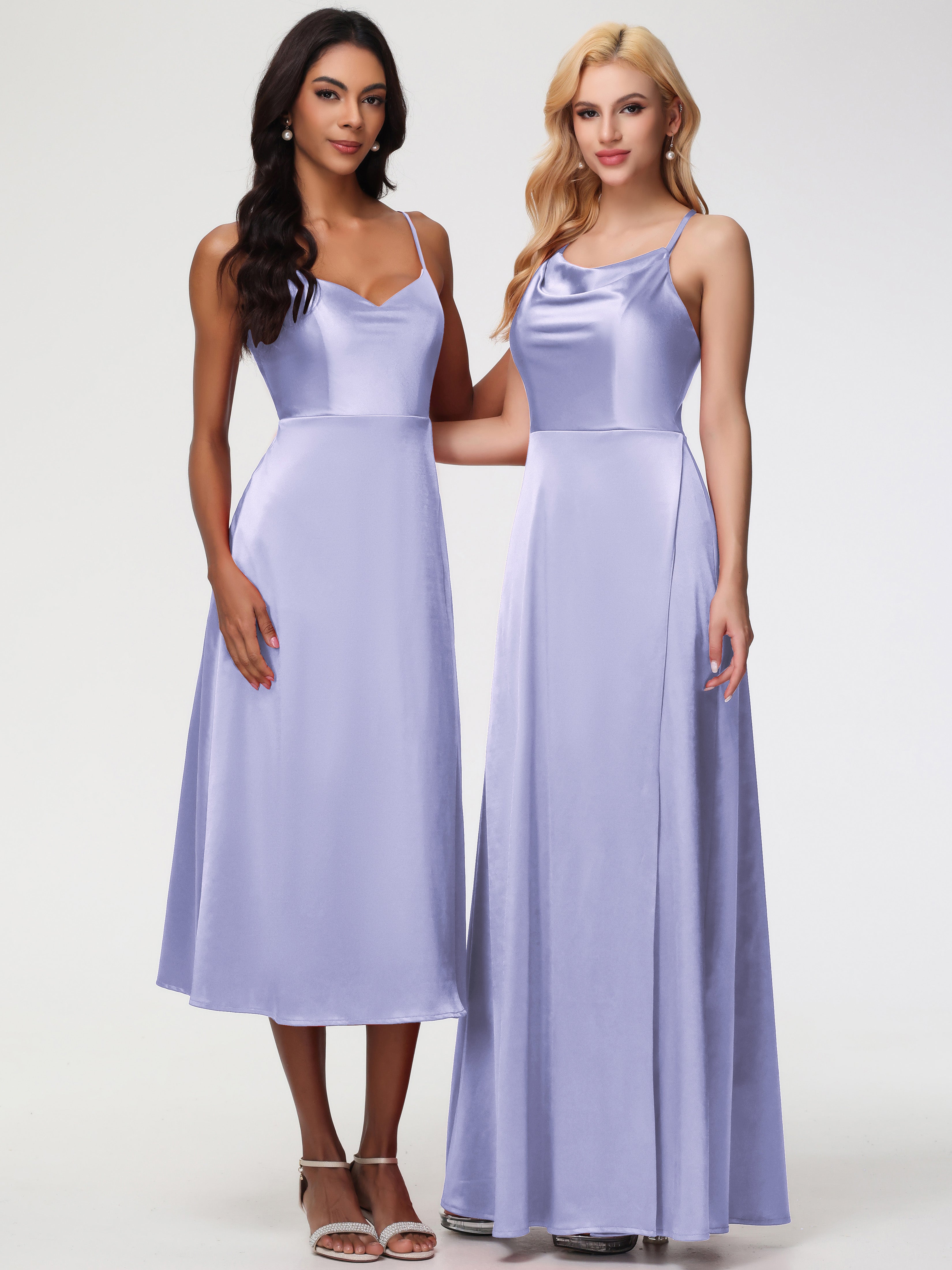 Robes De Demoiselle D'Honneur Lavande Pas Cher Trapèze Col Bénitier Fendue Longueur Ras Du Sol Satin Extensible Robe De Demoiselle D'Honneur