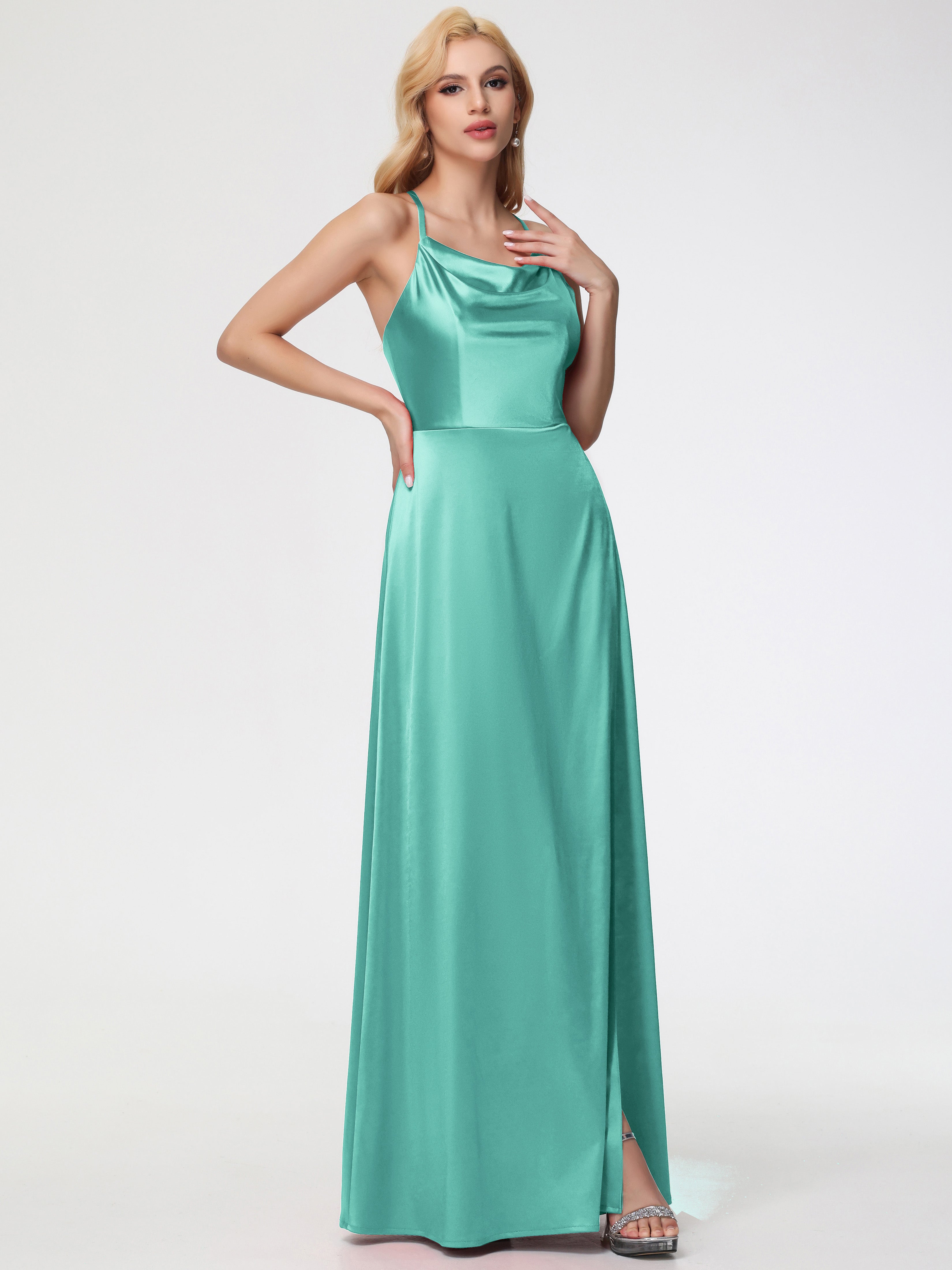 Robes De Demoiselle D'Honneur Vert Menthe Trapèze Col Bénitier Fendue Longueur Ras Du Sol Satin Extensible Robe De Demoiselle D'Honneur