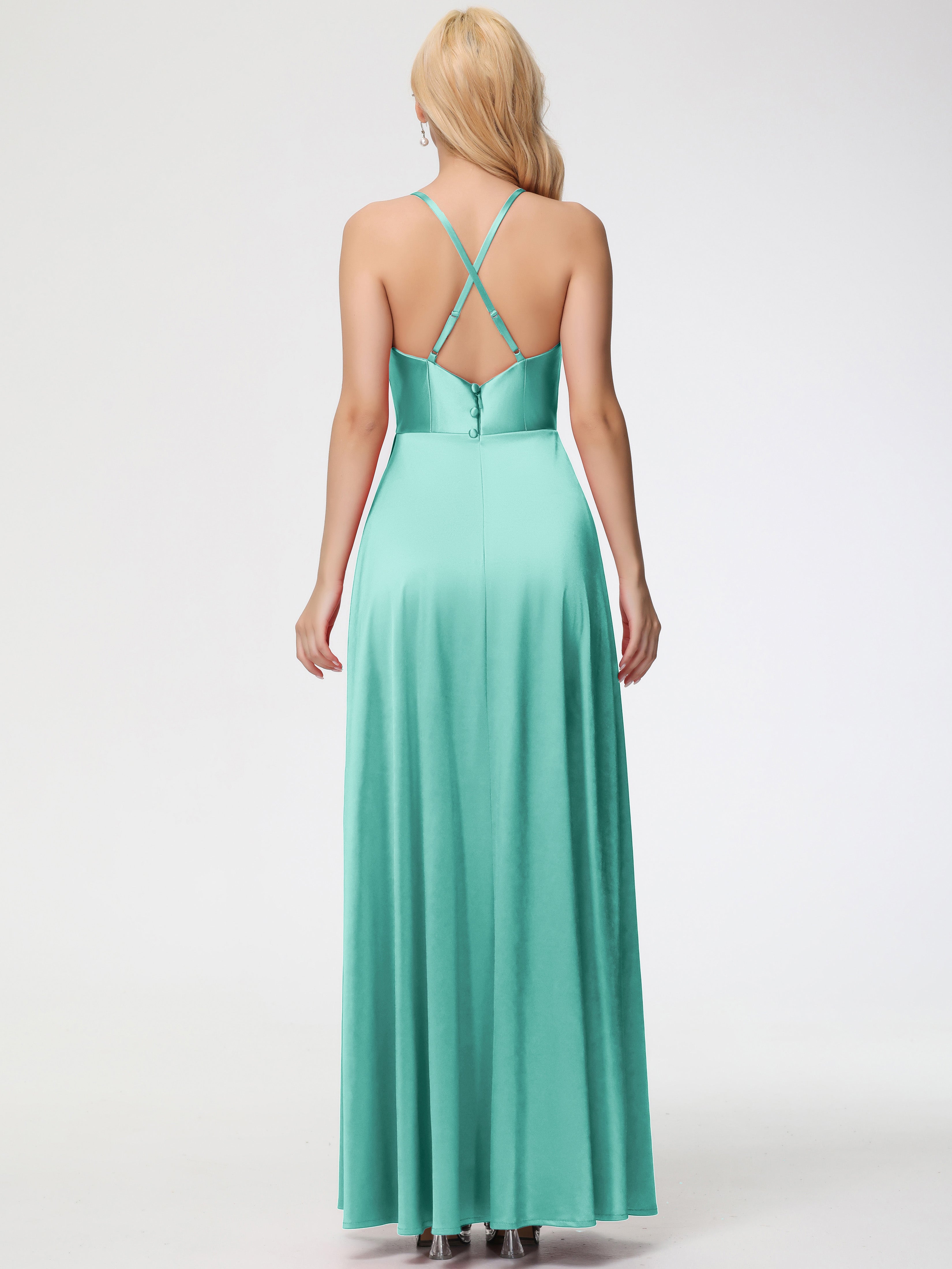 Robes De Demoiselle D'Honneur Vert Menthe Trapèze Col Bénitier Fendue Longueur Ras Du Sol Satin Extensible Robe De Demoiselle D'Honneur
