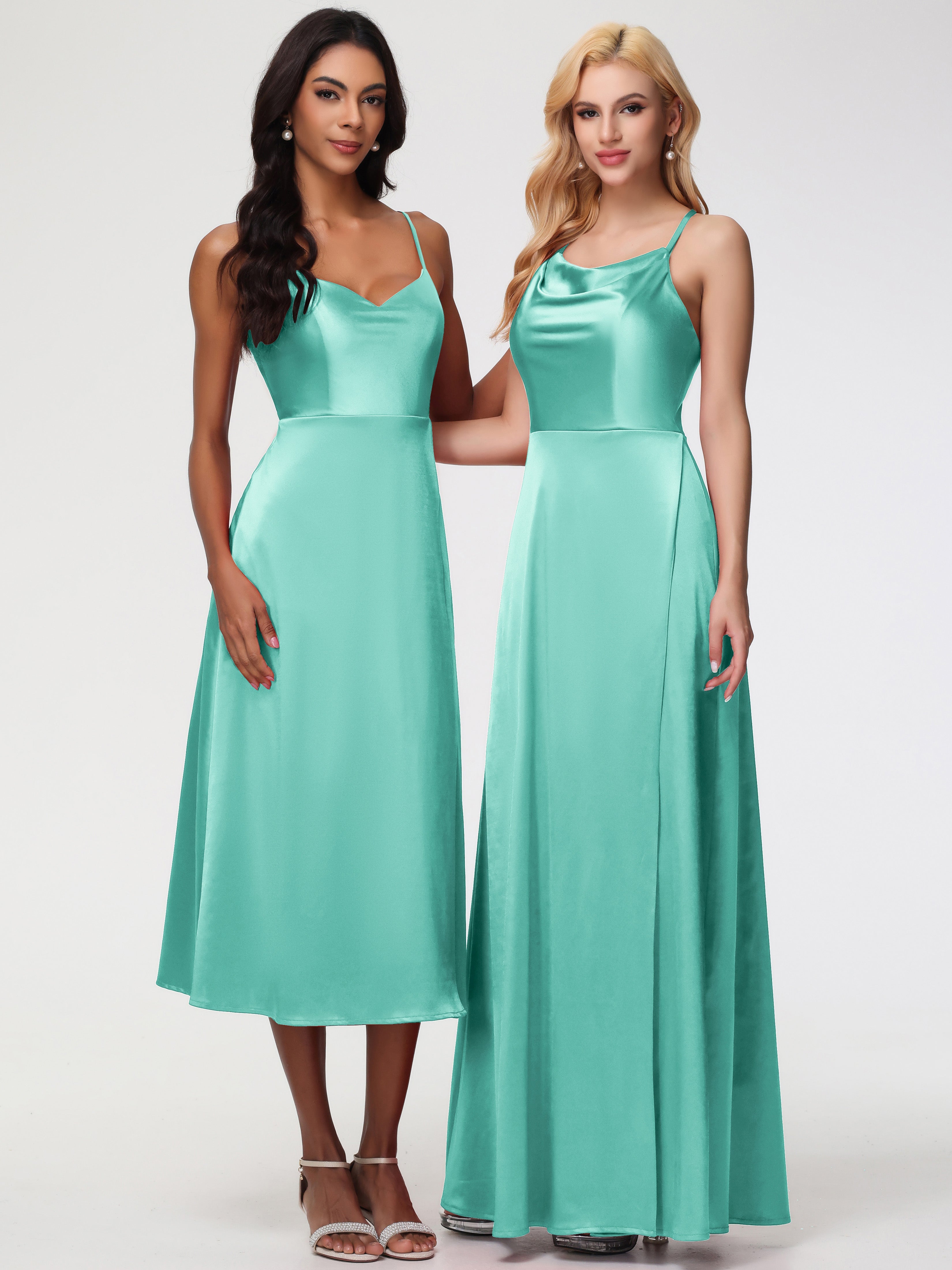 Robes De Demoiselle D'Honneur Vert Menthe Trapèze Col Bénitier Fendue Longueur Ras Du Sol Satin Extensible Robe De Demoiselle D'Honneur